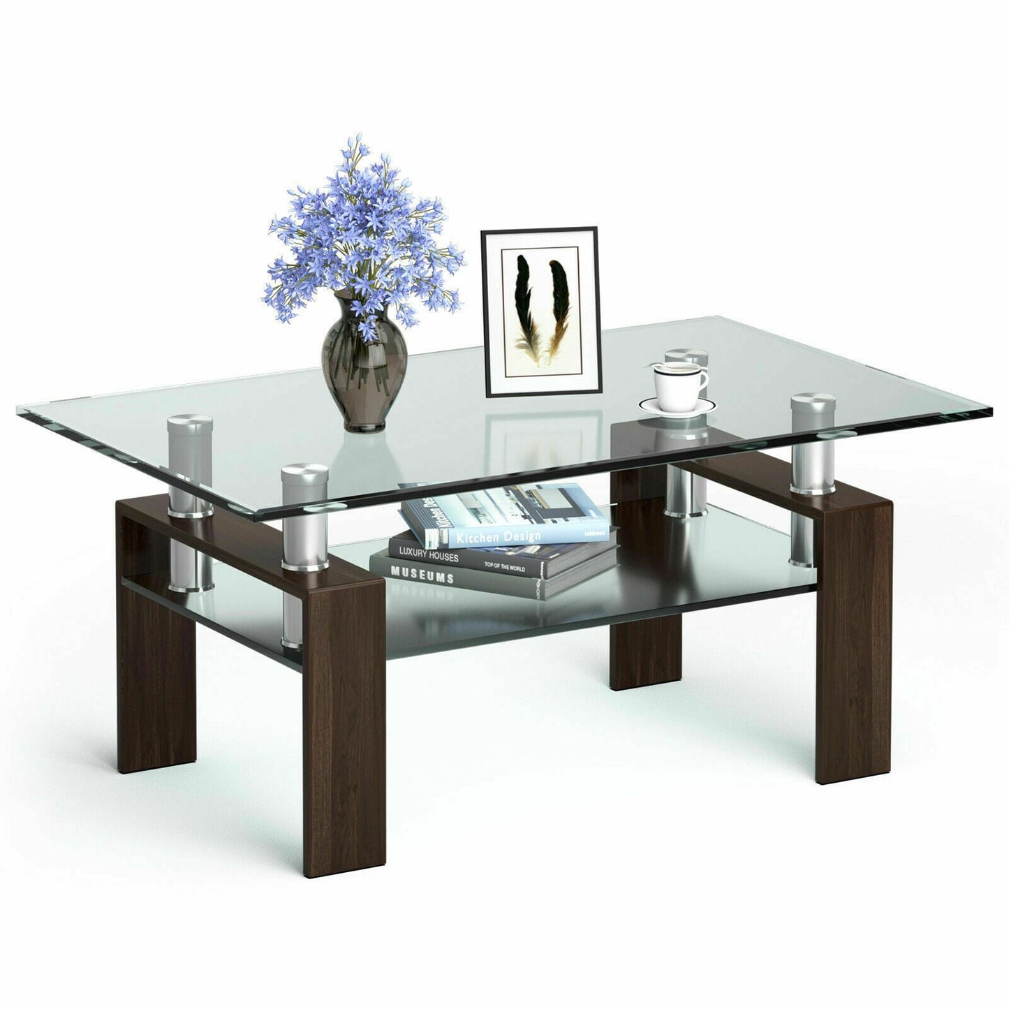 Modern Glass Coffee Tea Table with Open Shelf-Black