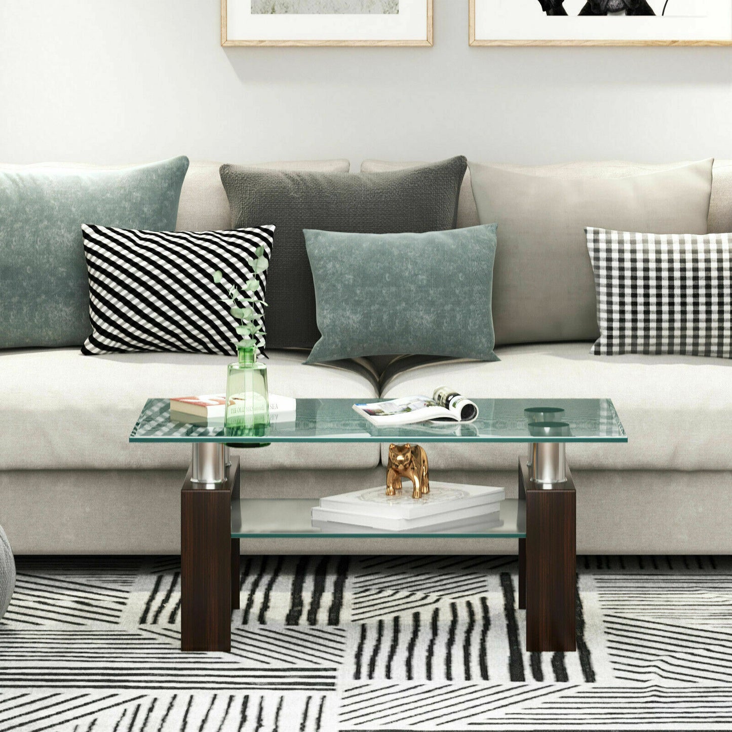Modern Glass Coffee Tea Table with Open Shelf-Black