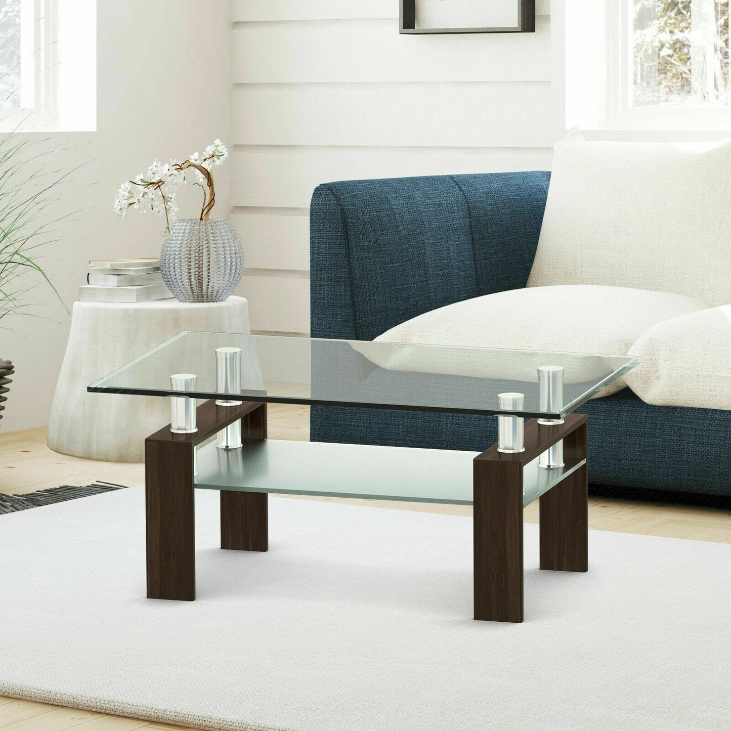 Modern Glass Coffee Tea Table with Open Shelf-Black