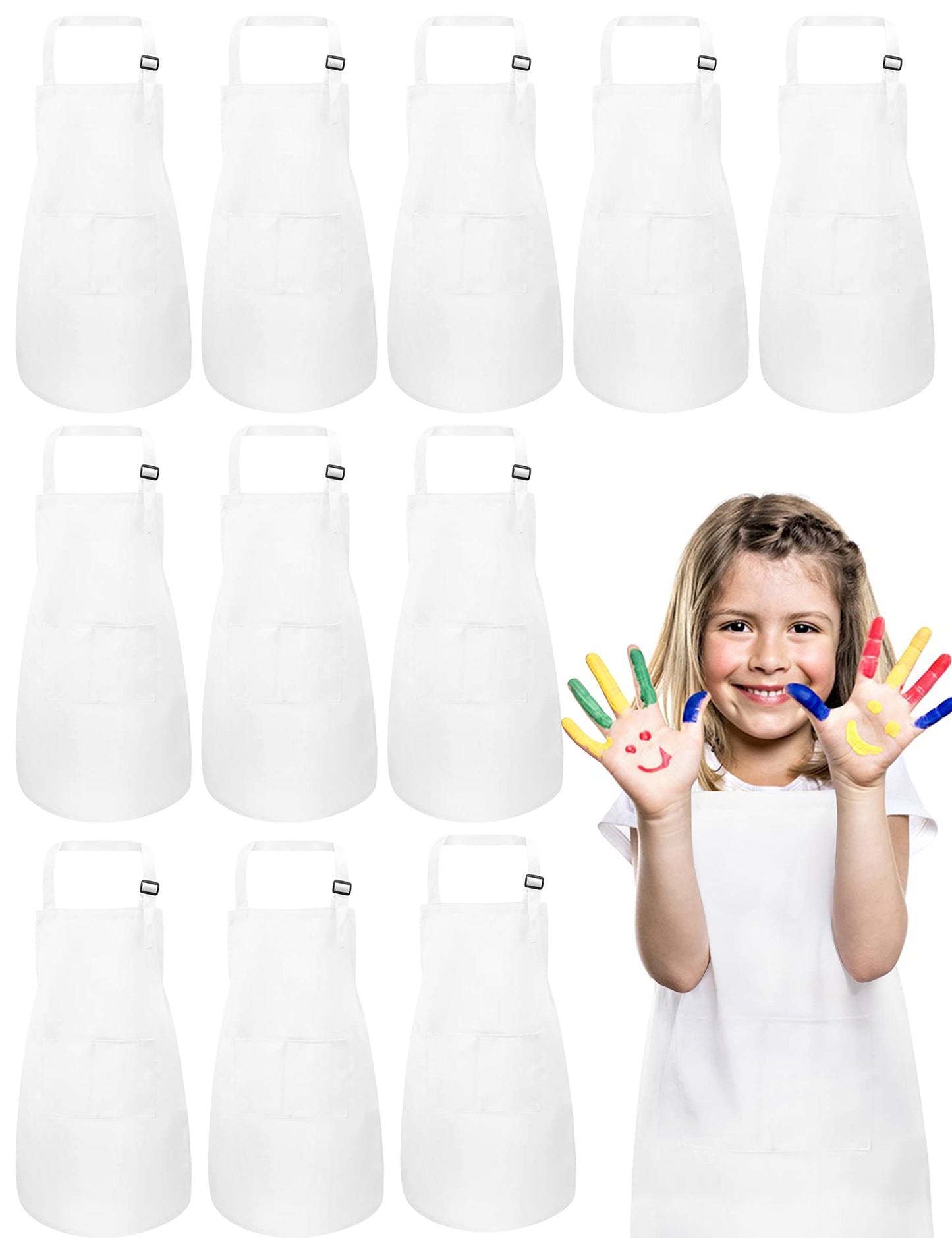 IAGBIBUI 12 Pack Kids Aprons with 2 Pockets | Adjustable, Machine Washable, White