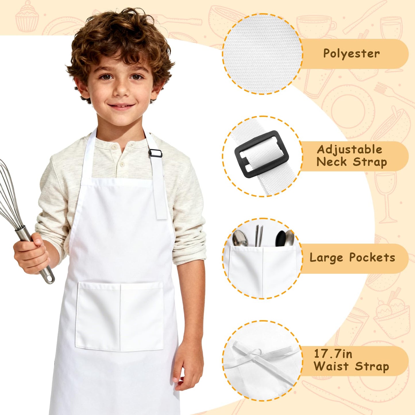 IAGBIBUI 12 Pack Kids Aprons with 2 Pockets | Adjustable, Machine Washable, White