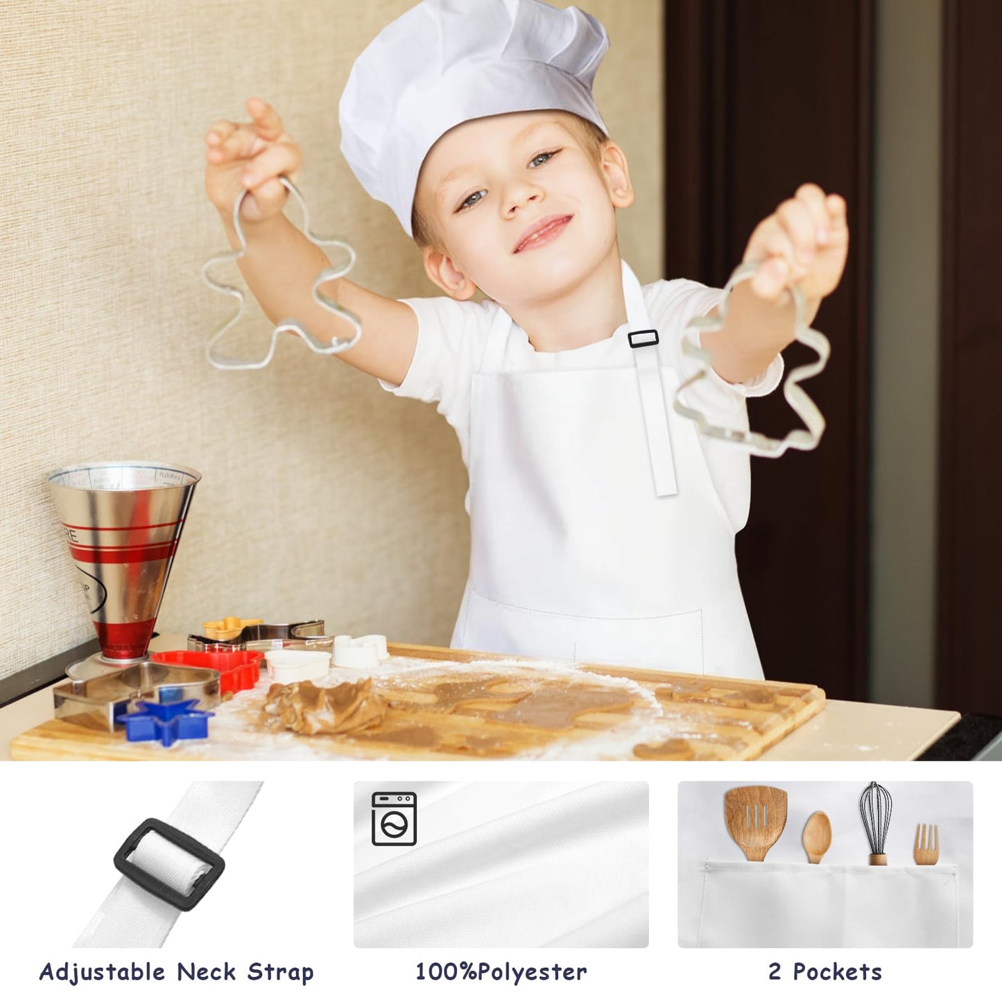 IAGBIBUI Kids Apron & Chef Hat Set – 16 Pieces, Ages 6-13, White