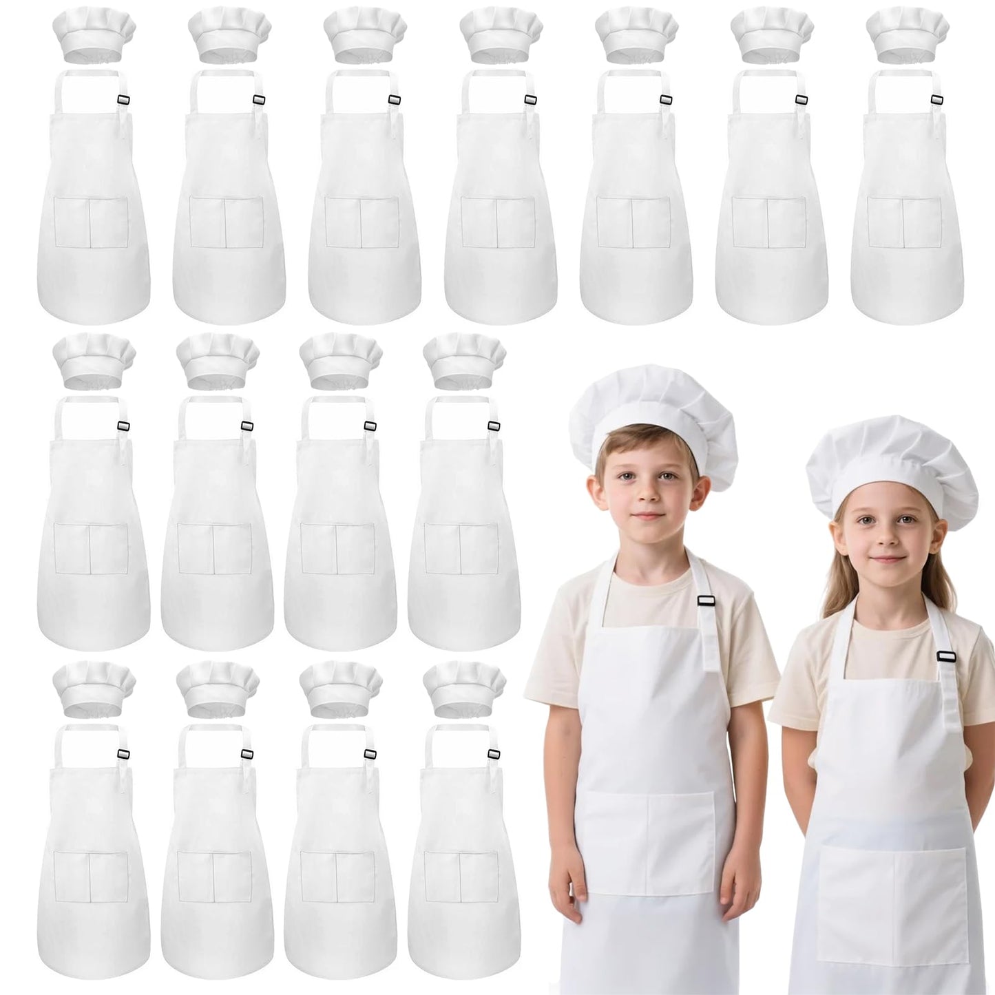 IAGBIBUI Kids Apron & Chef Hat Set – 30-Piece, Adjustable, White, 6–13 Years