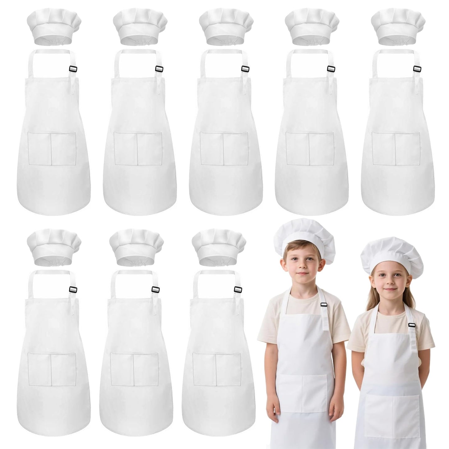 IAGBIBUI Kids Apron & Chef Hat Set – 16 Pieces, Ages 6-13, White