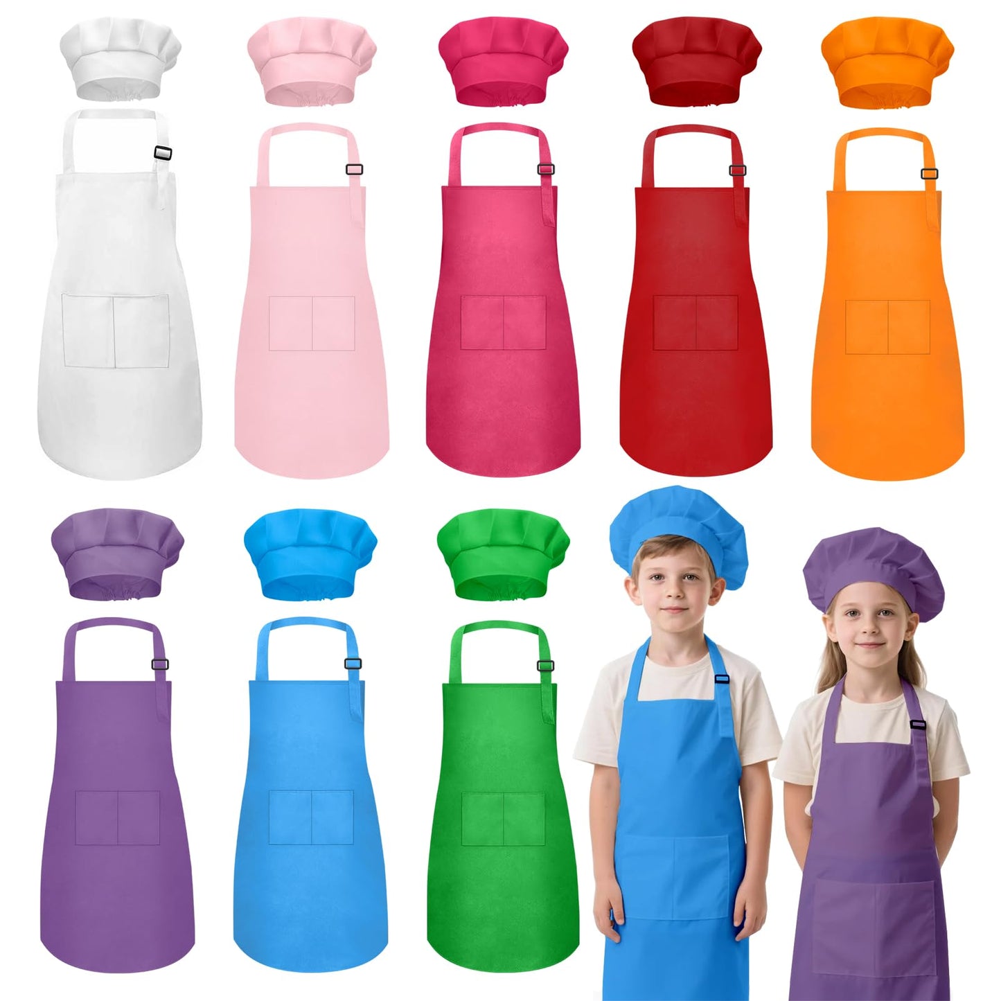 IAGBIBUI Kids Apron and Chef Hat Set – 16-Piece Adjustable Multicolor for Cooking, Baking & Painting (Ages 6–13)