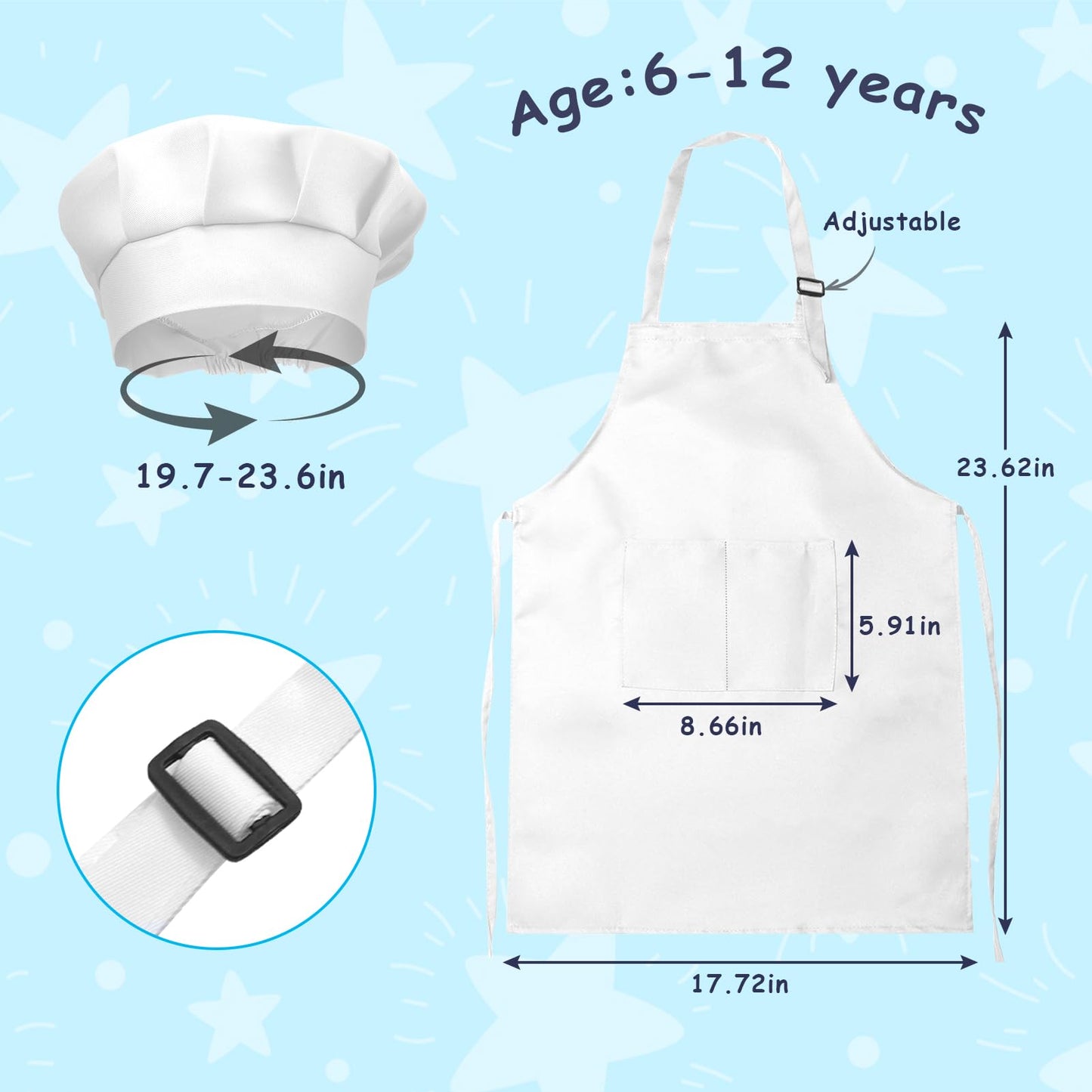 IAGBIBUI Kids Apron & Chef Hat Set – 16 Pieces, Ages 6-13, White