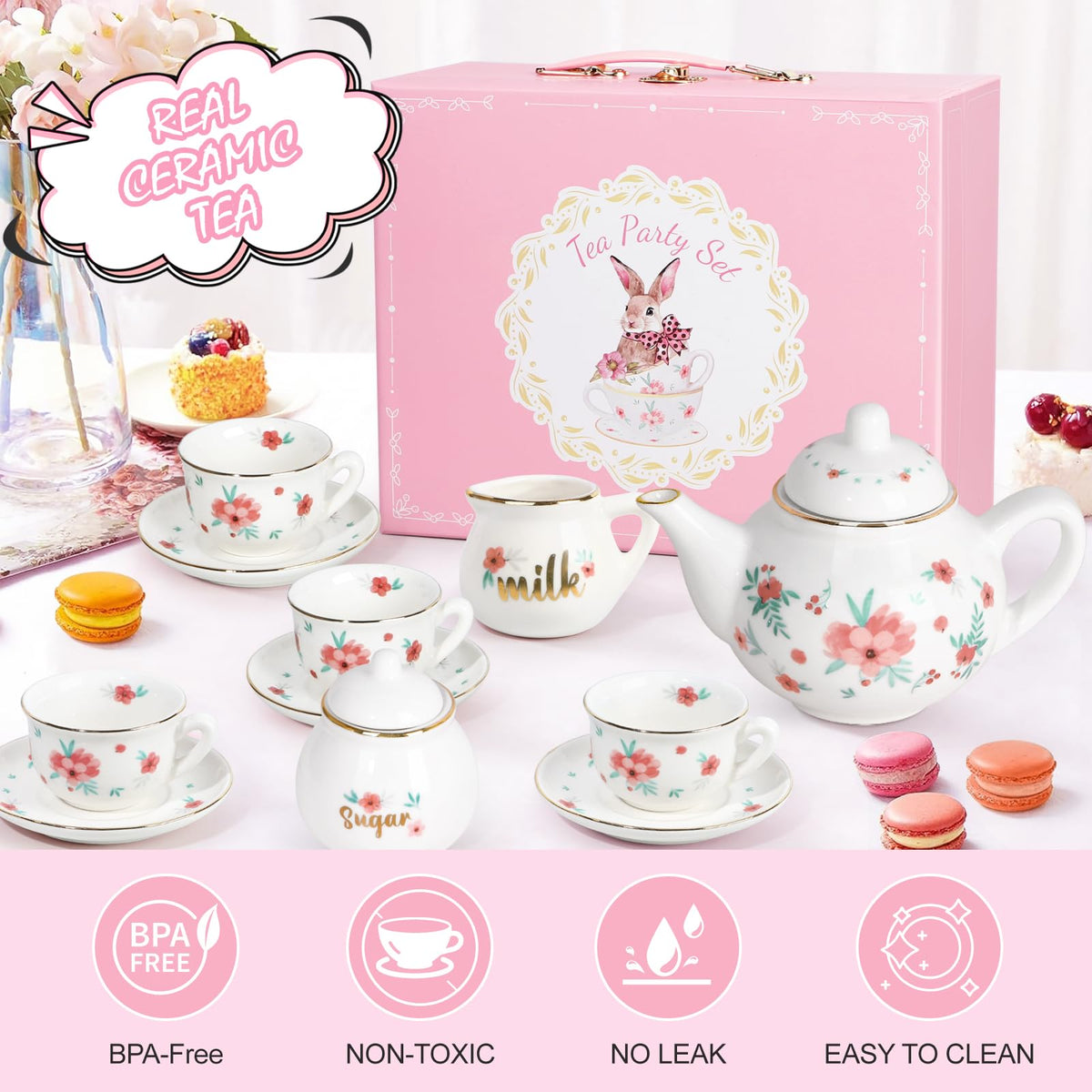 iaovueby Porcelain Tea Set for Girls – Tea Party Playset with Teapot, Cups & Carry Case