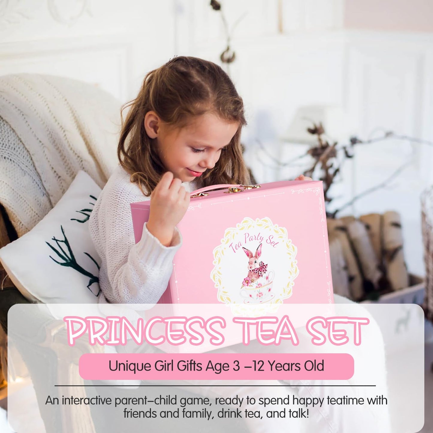 iaovueby Porcelain Tea Set for Girls – Tea Party Playset with Teapot, Cups & Carry Case