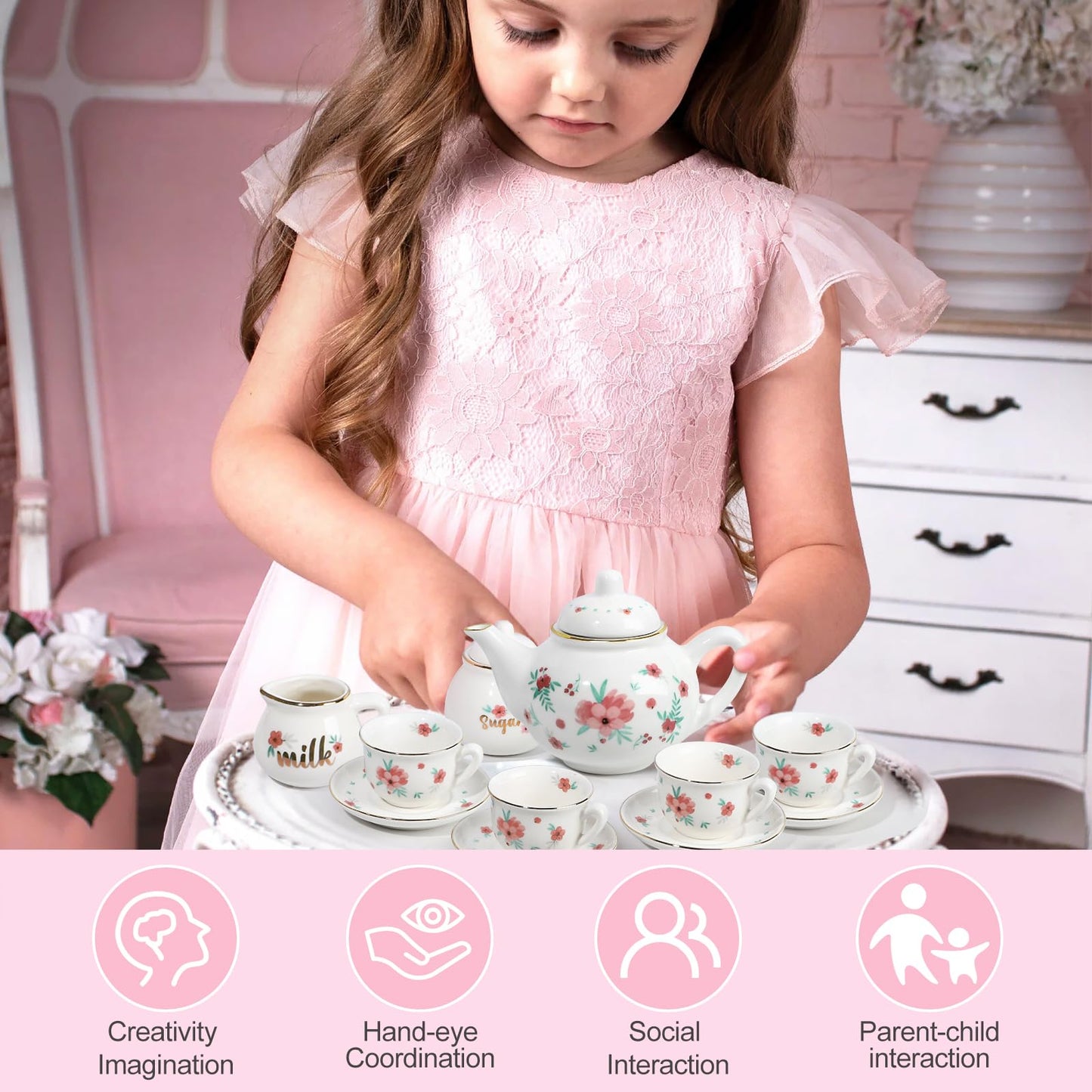 iaovueby Porcelain Tea Set for Girls – Tea Party Playset with Teapot, Cups & Carry Case