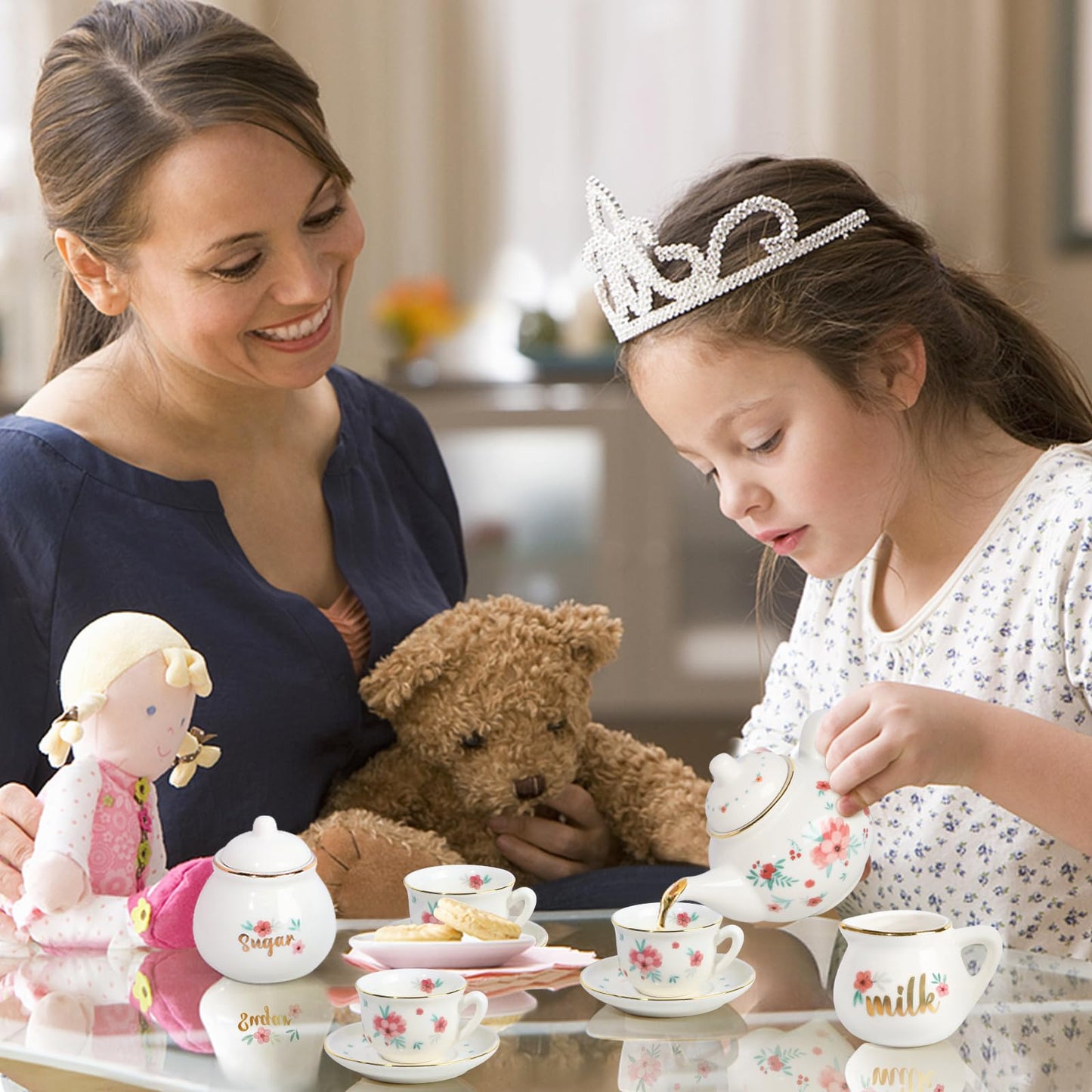 iaovueby Porcelain Tea Set for Girls – Tea Party Playset with Teapot, Cups & Carry Case