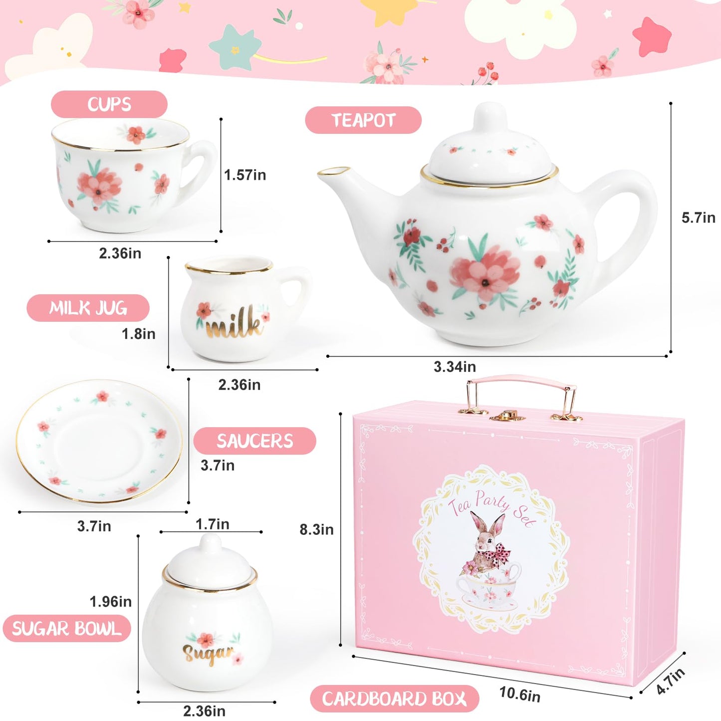 iaovueby Porcelain Tea Set for Girls – Tea Party Playset with Teapot, Cups & Carry Case