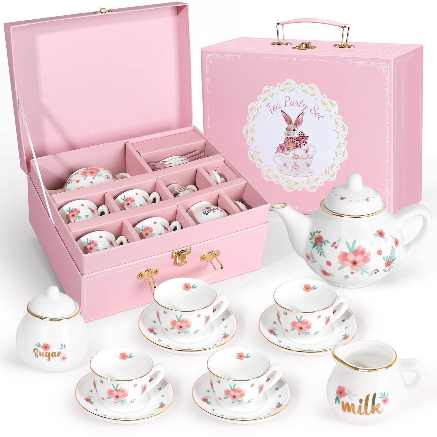 iaovueby Porcelain Tea Set for Girls – Tea Party Playset with Teapot, Cups & Carry Case