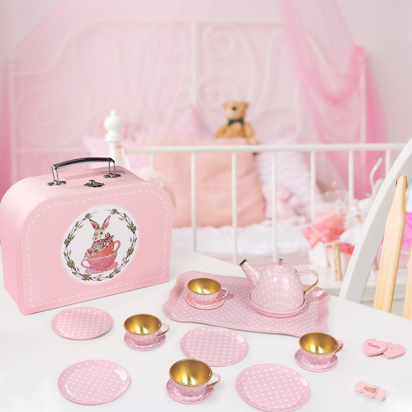 iAOVUEBY Tea Party Set for Little Girls | Princess Pretend Play Tin Teapot Kit