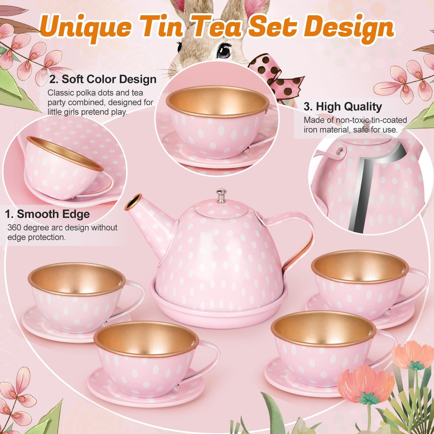 iAOVUEBY Tea Party Set for Little Girls | Princess Pretend Play Tin Teapot Kit