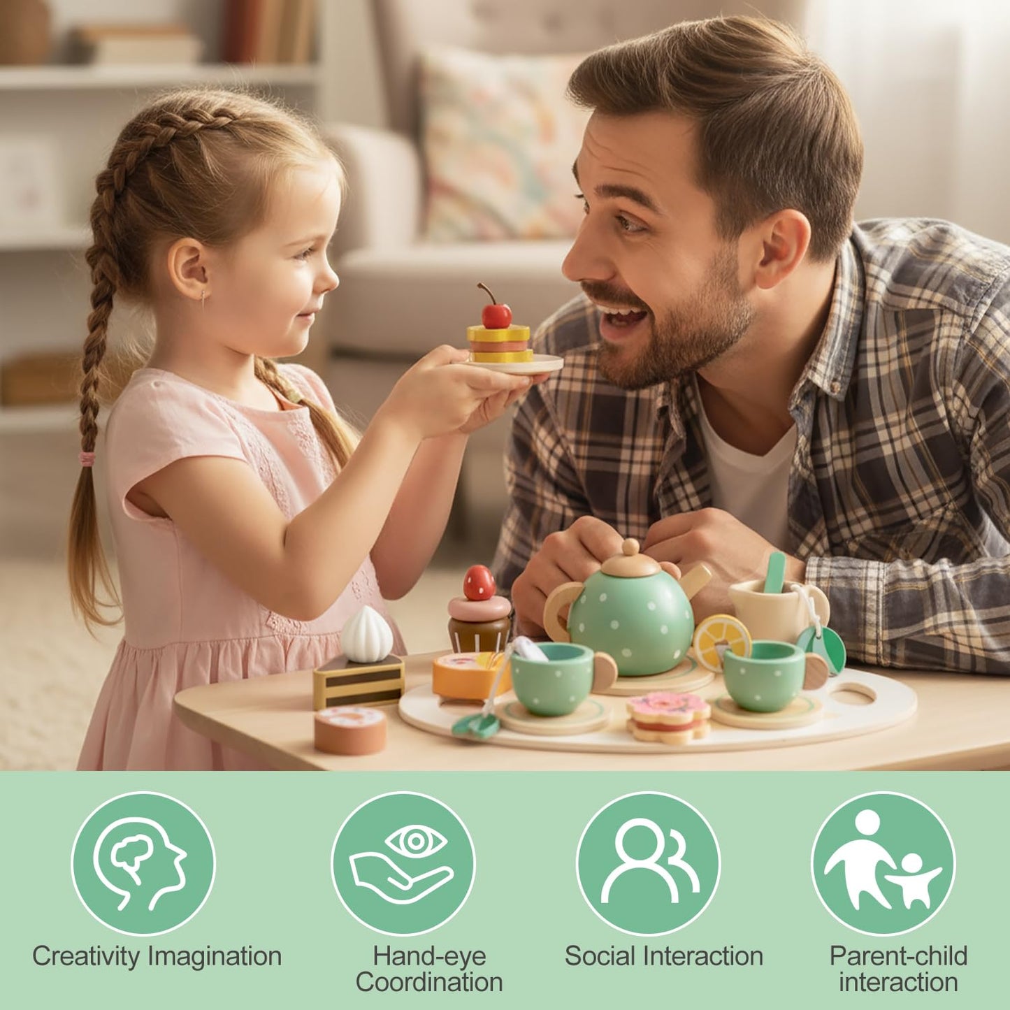 iAOVUEBY Wooden Tea Party Set for Girls | Pretend Play Tea Toys for Toddlers 2-5
