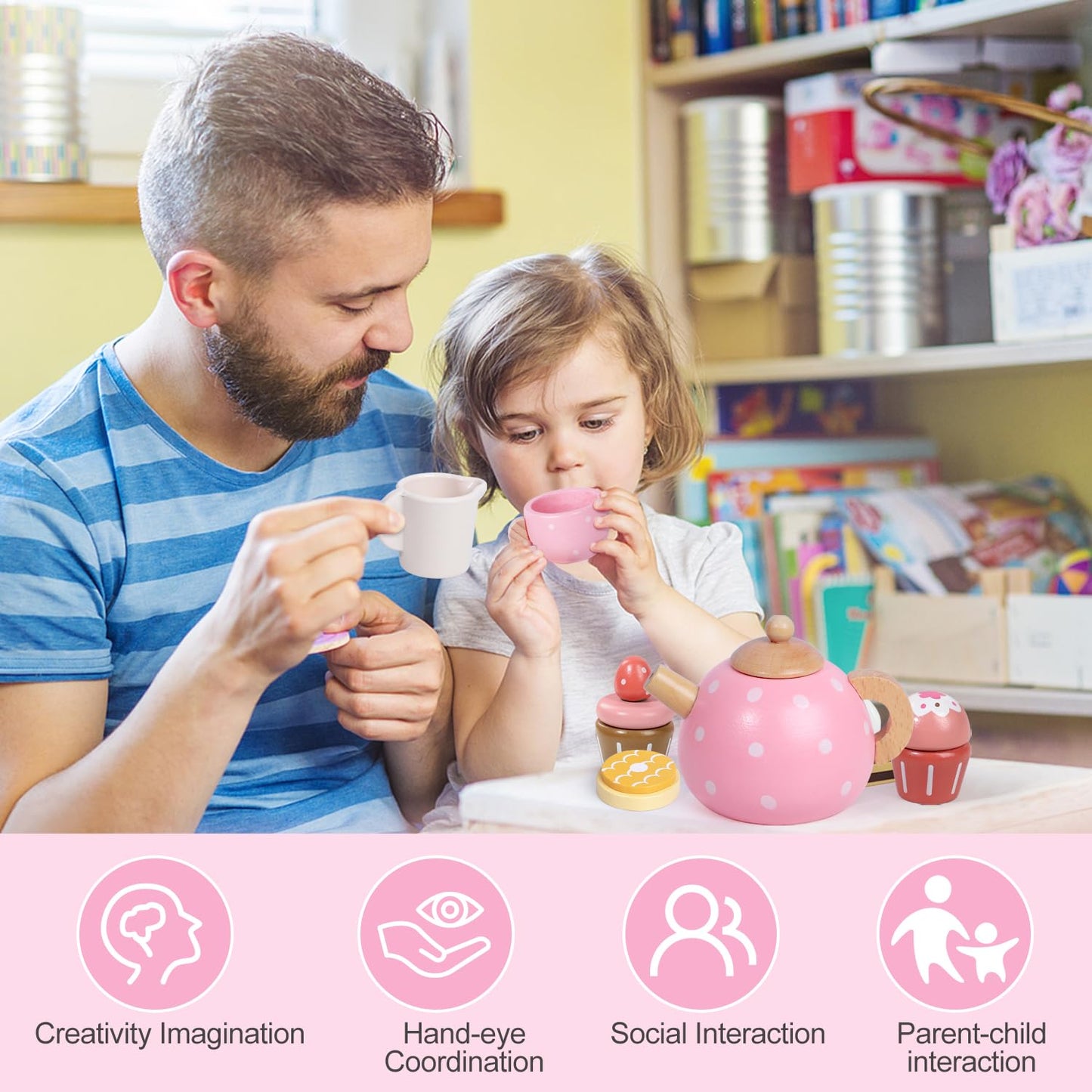 iAOVUEBY Wooden Tea Party Set for Little Girls – Pretend Play Tea Time