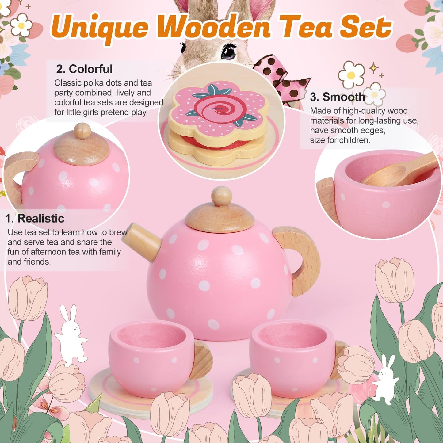iAOVUEBY Wooden Tea Party Set for Little Girls – Pretend Play Tea Time