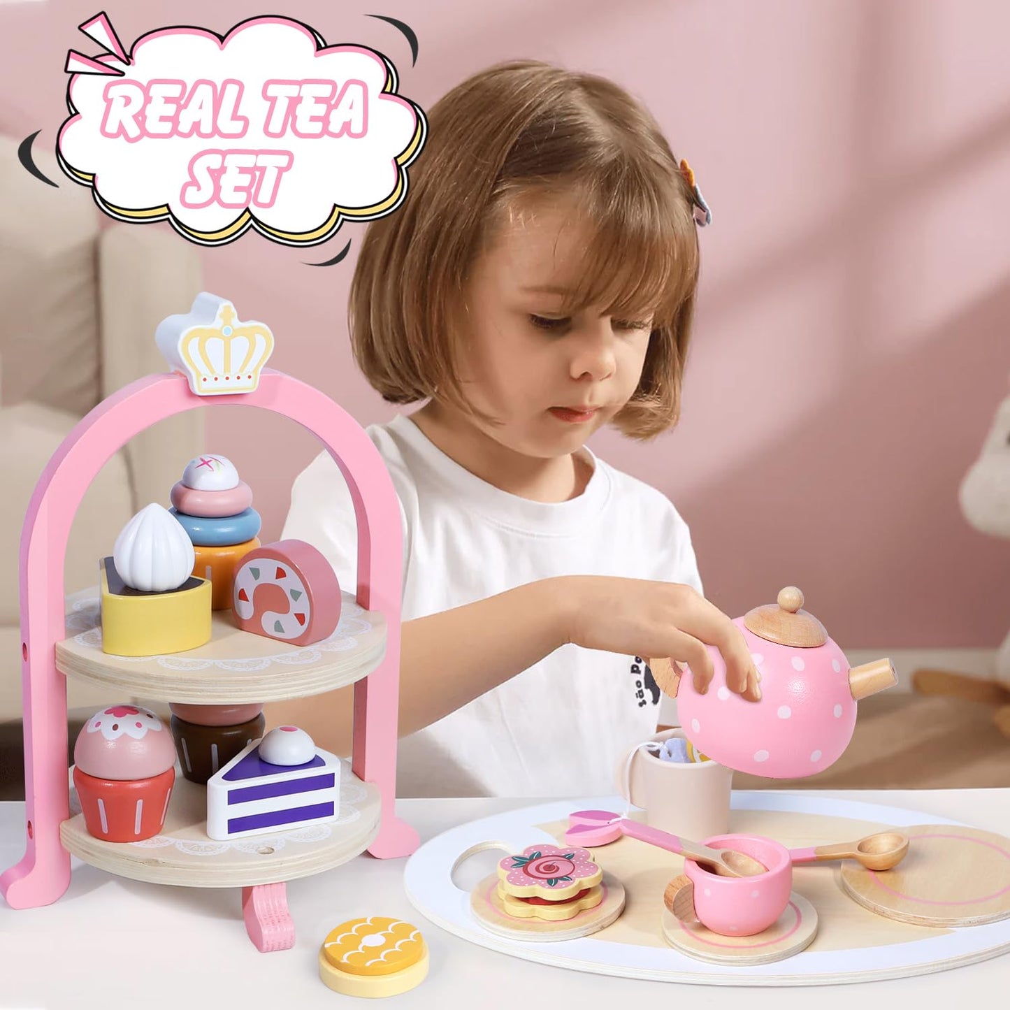 iAOVUEBY Wooden Tea Party Set for Little Girls – Pretend Play Tea Time