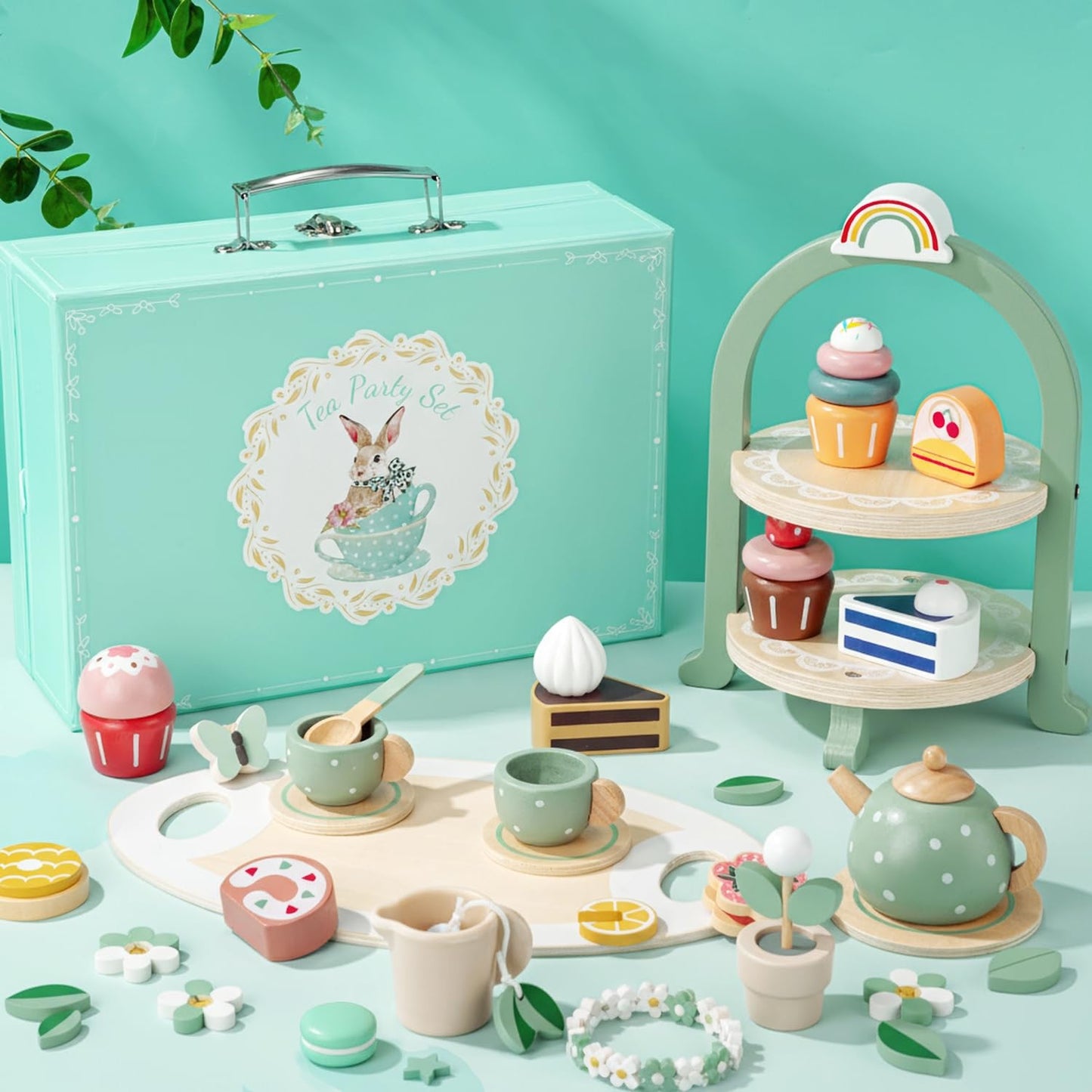 iAOVUEBY Wooden Tea Party Set for Girls | Pretend Play Tea Toys for Toddlers 2-5