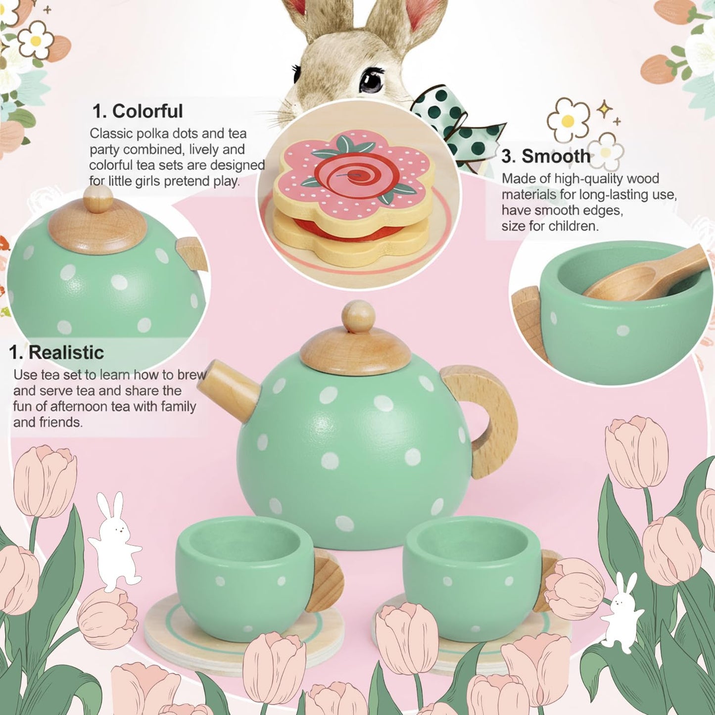 iAOVUEBY Wooden Tea Party Set for Girls | Pretend Play Tea Toys for Toddlers 2-5