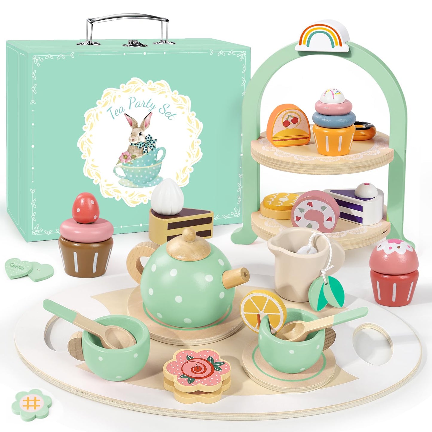 iAOVUEBY Wooden Tea Party Set for Girls | Pretend Play Tea Toys for Toddlers 2-5