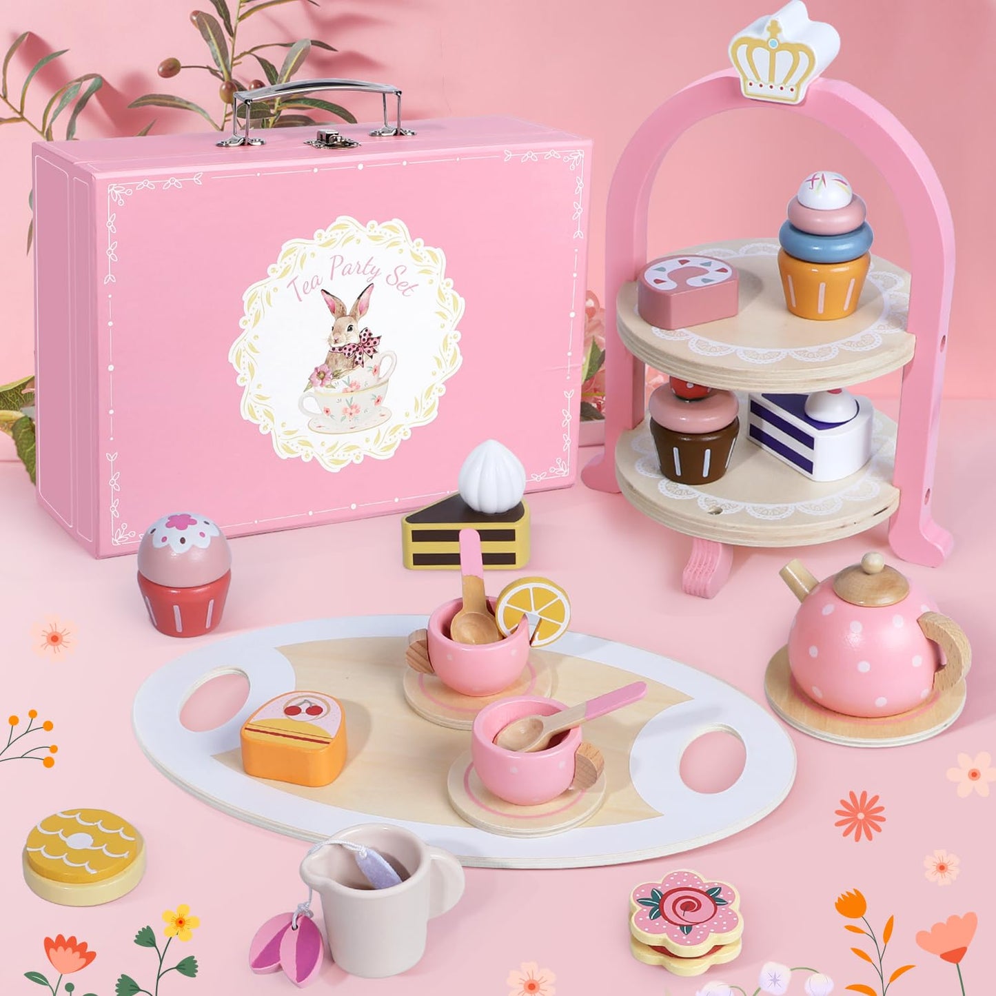iAOVUEBY Wooden Tea Party Set for Little Girls – Pretend Play Tea Time