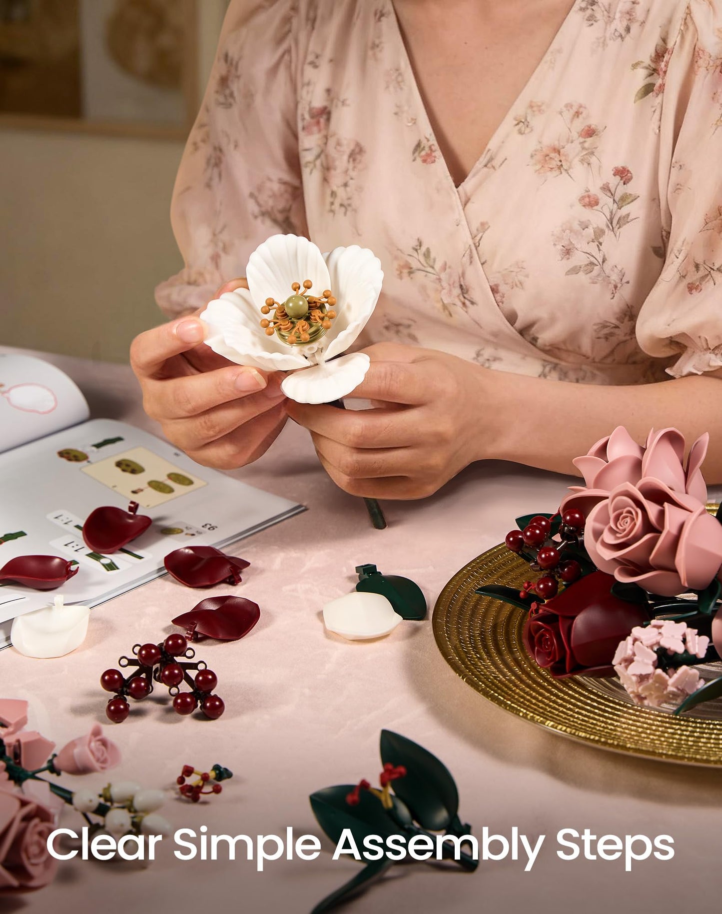 iATOM Pink Roses Bouquet Building Set IA11022 — Lifelike Artificial Flowers for Home & Office