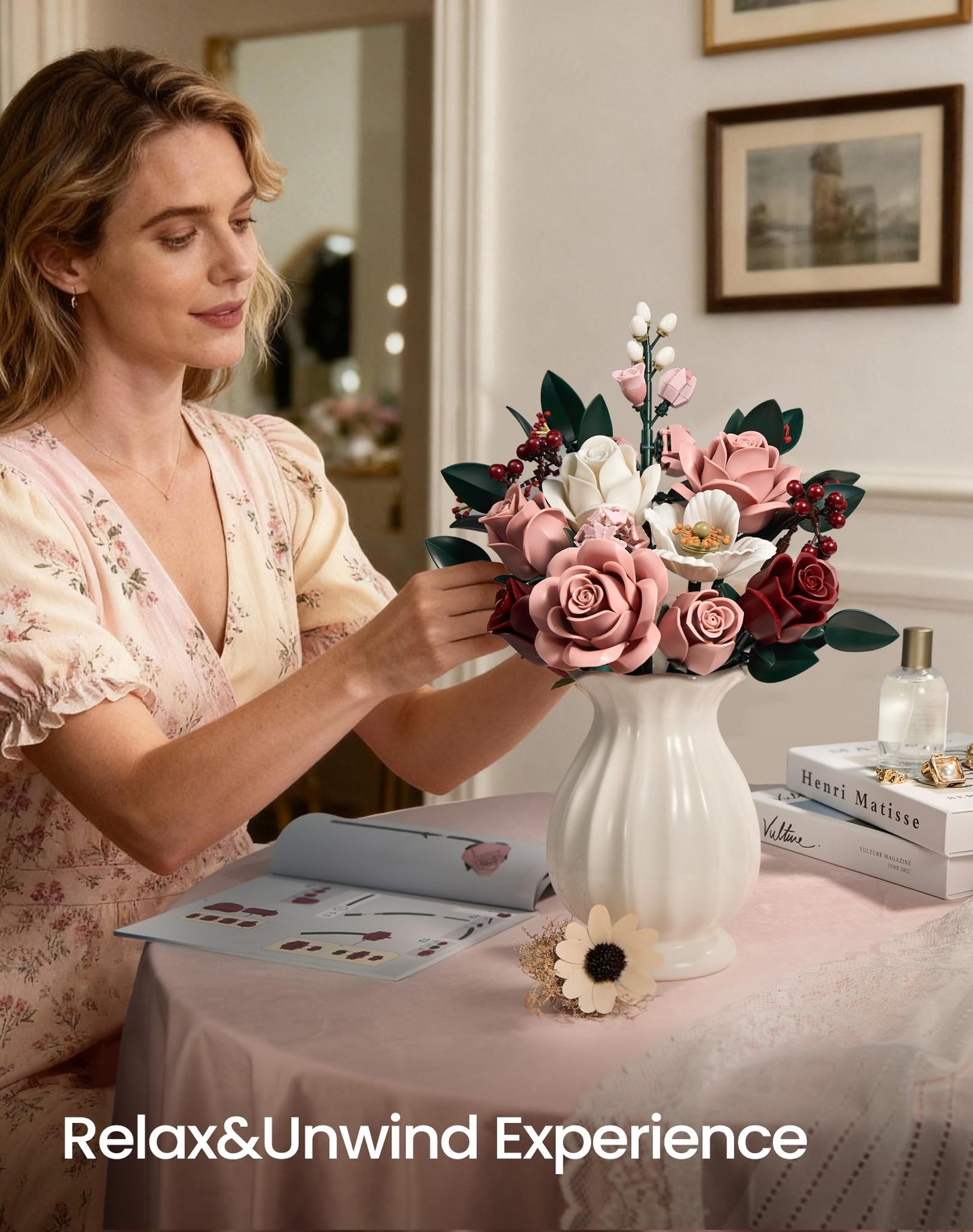 iATOM Pink Roses Bouquet Building Set IA11022 — Lifelike Artificial Flowers for Home & Office