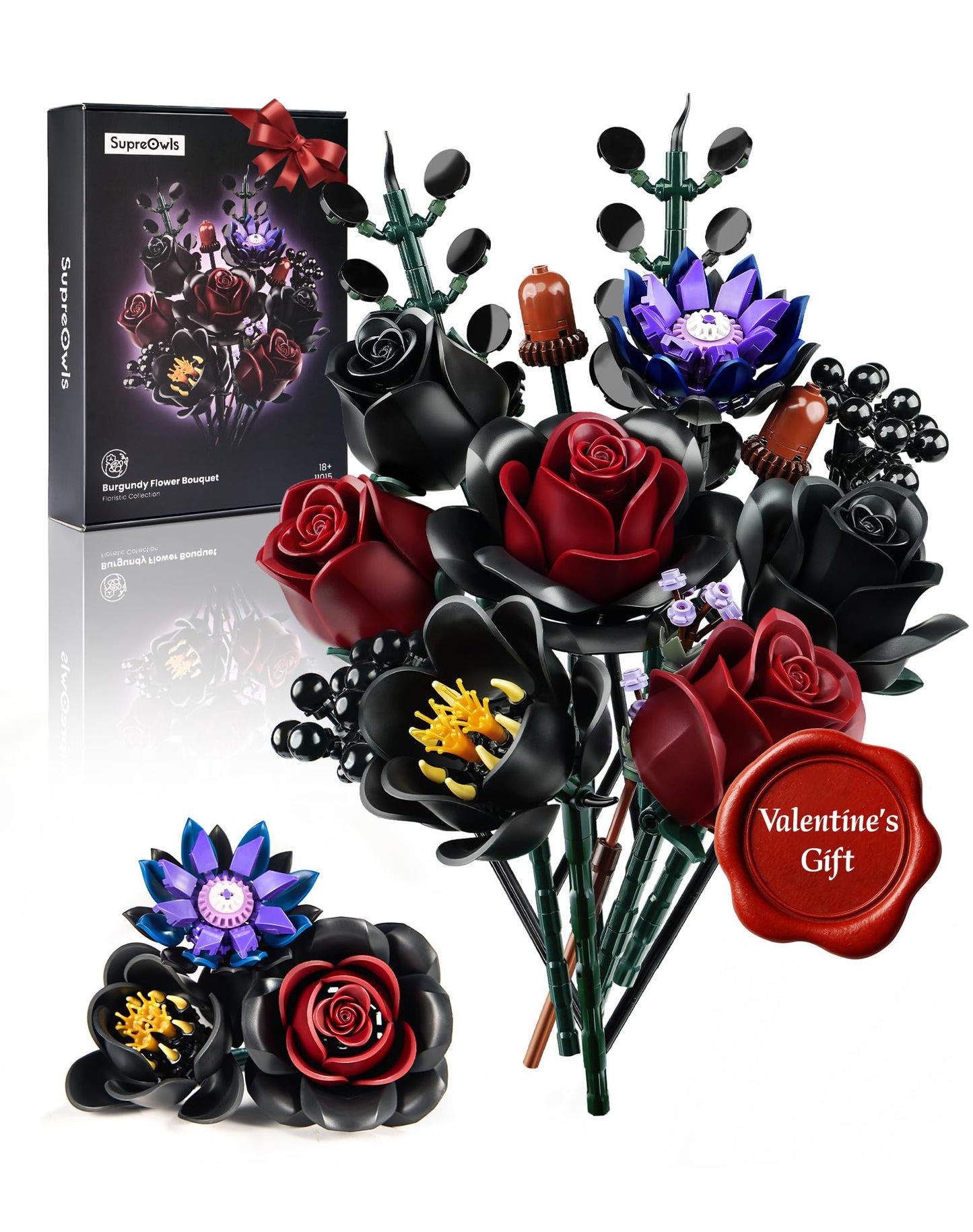 iATOM Black Burgundy Rose Bouquet Building Set – Gothic Floral Centerpiece Kit for Adults