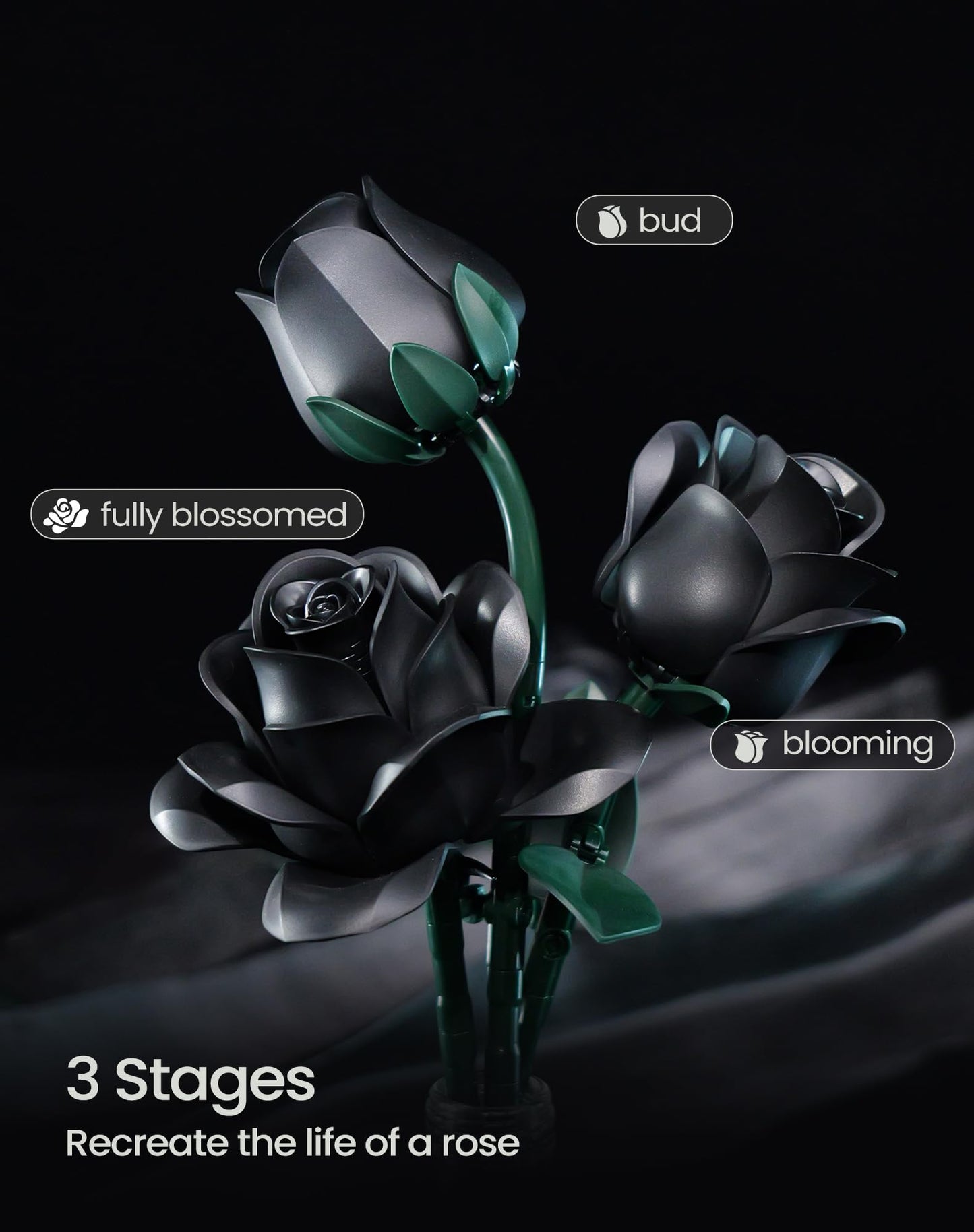 iATOM Black Rose Bouquet Building Set – 12Pcs Gothic Floral Kit for Adults | Valentine’s Gift