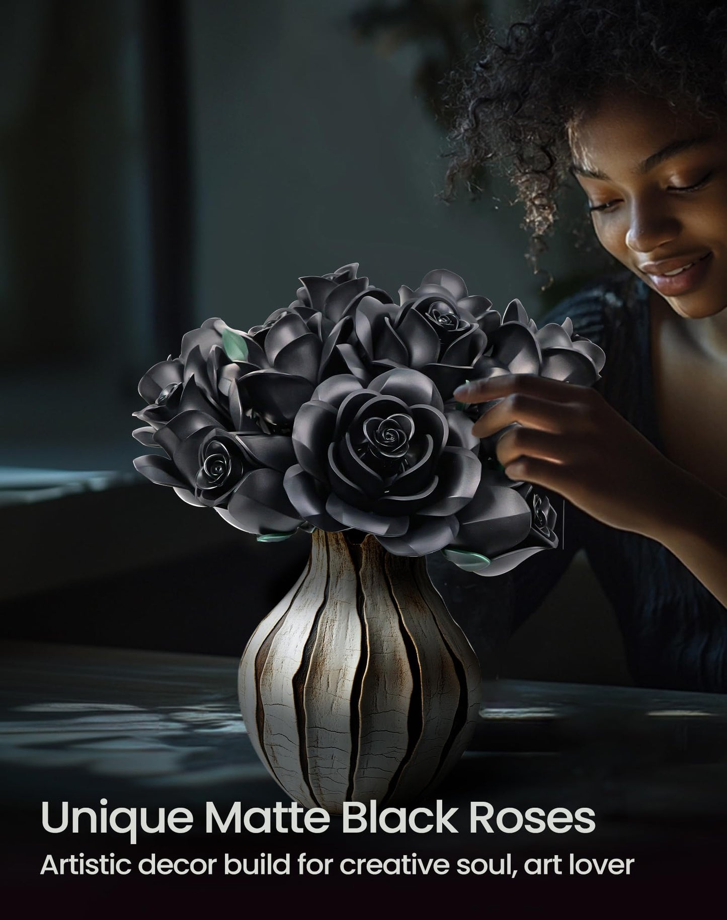 iATOM Black Rose Bouquet Building Set – 12Pcs Gothic Floral Kit for Adults | Valentine’s Gift