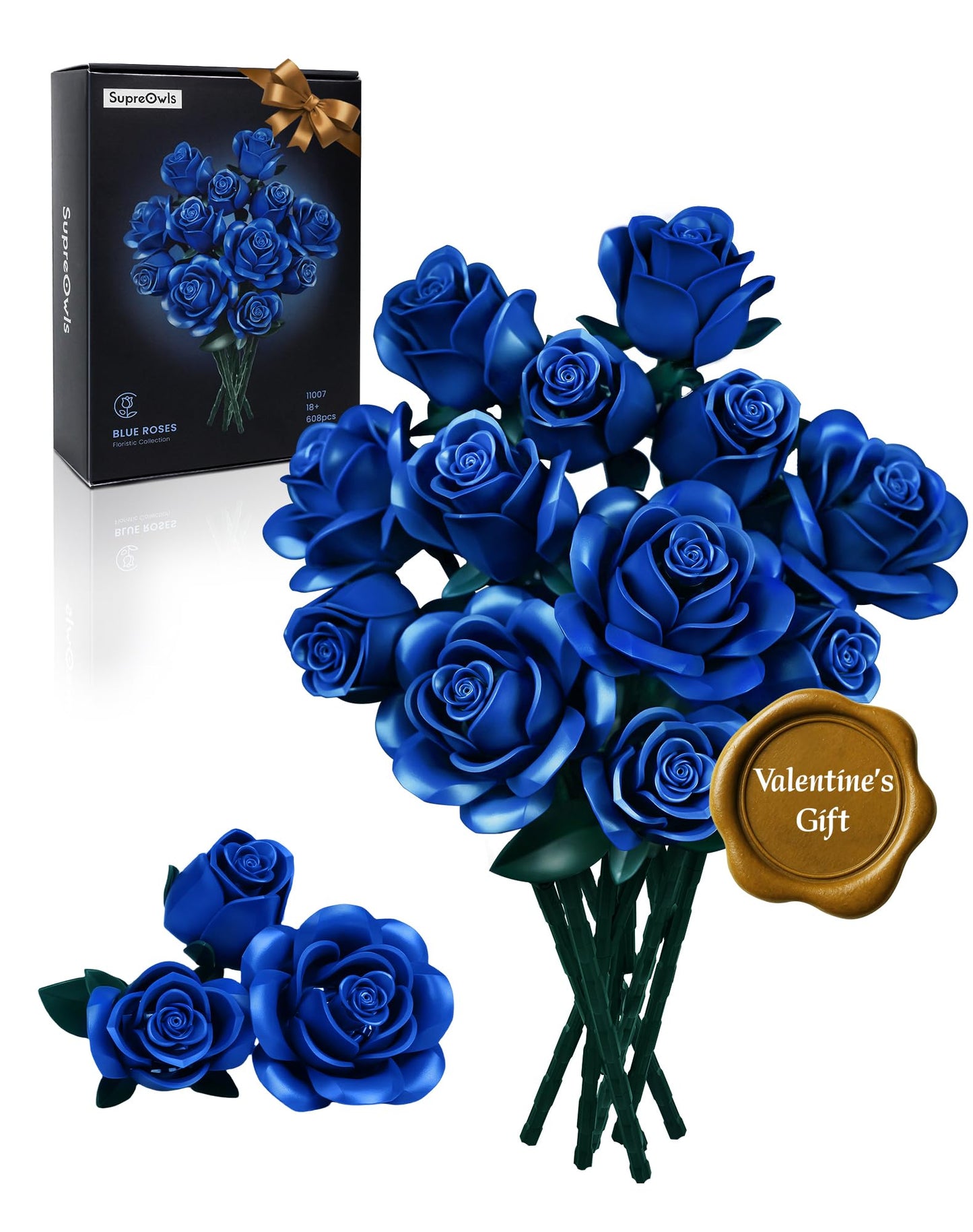 iATOM Blue Rose Bouquet Building Set – 12Pcs Navy Blue Roses for Adults, Elegant Centerpiece & Gift