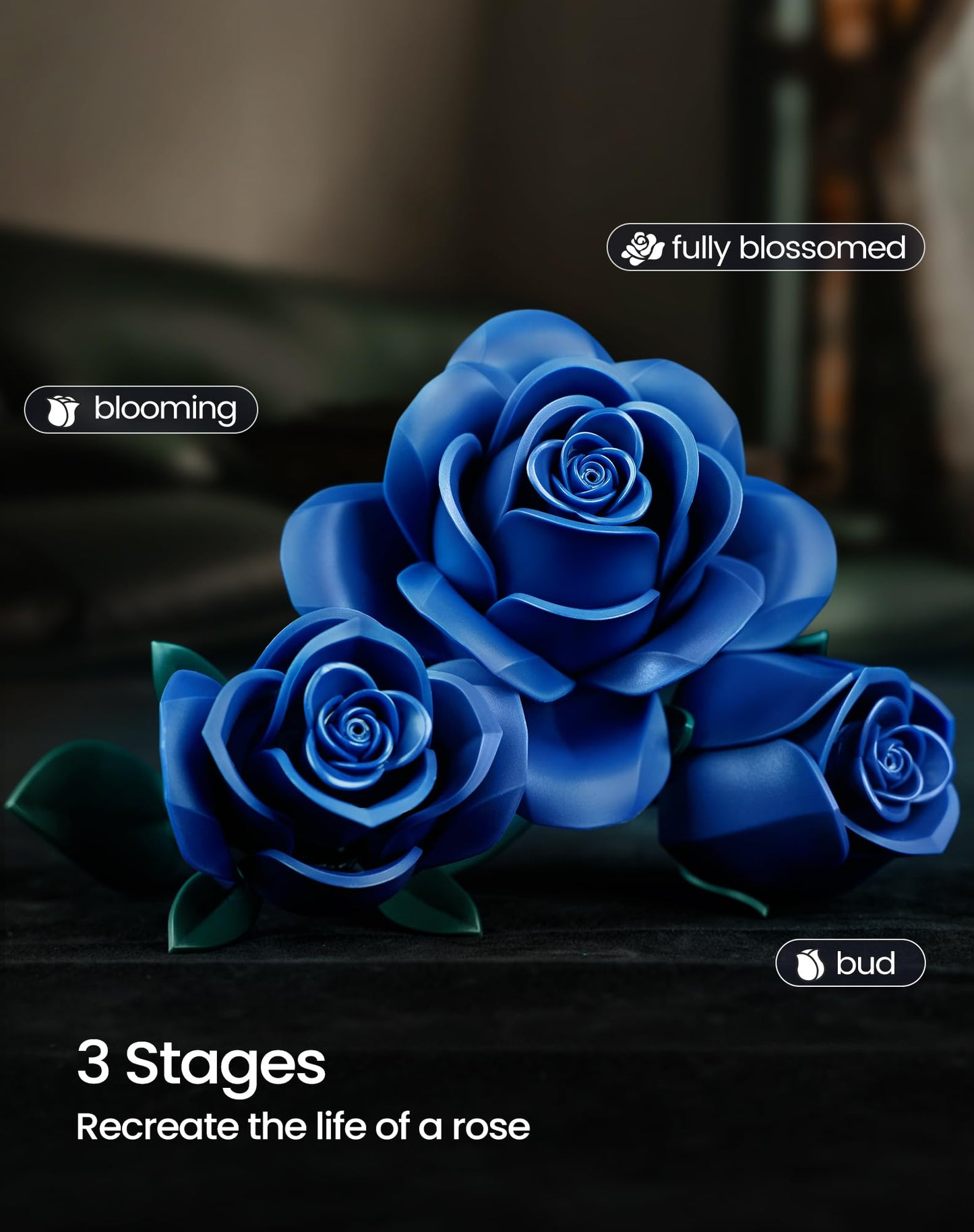 iATOM Blue Rose Bouquet Building Set – 12Pcs Navy Blue Roses for Adults, Elegant Centerpiece & Gift