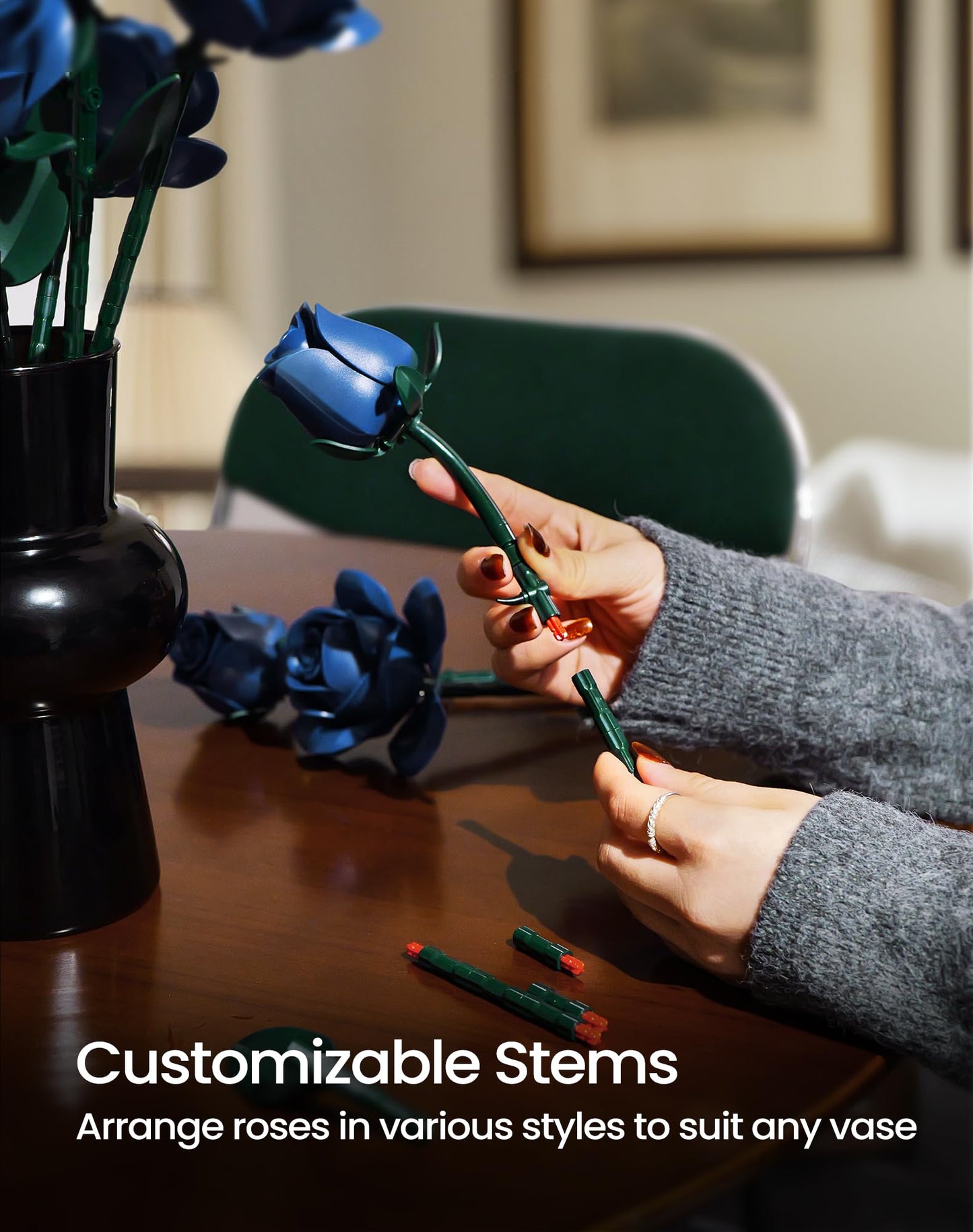 iATOM Blue Rose Bouquet Building Set – 12Pcs Navy Blue Roses for Adults, Elegant Centerpiece & Gift