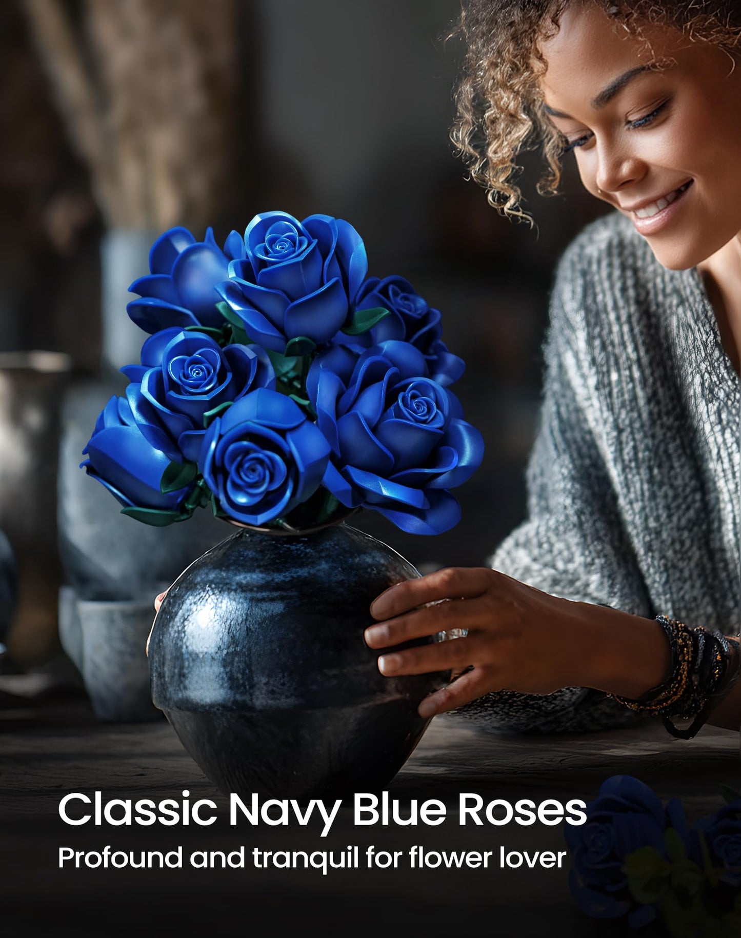 iATOM Blue Rose Bouquet Building Set – 12Pcs Navy Blue Roses for Adults, Elegant Centerpiece & Gift