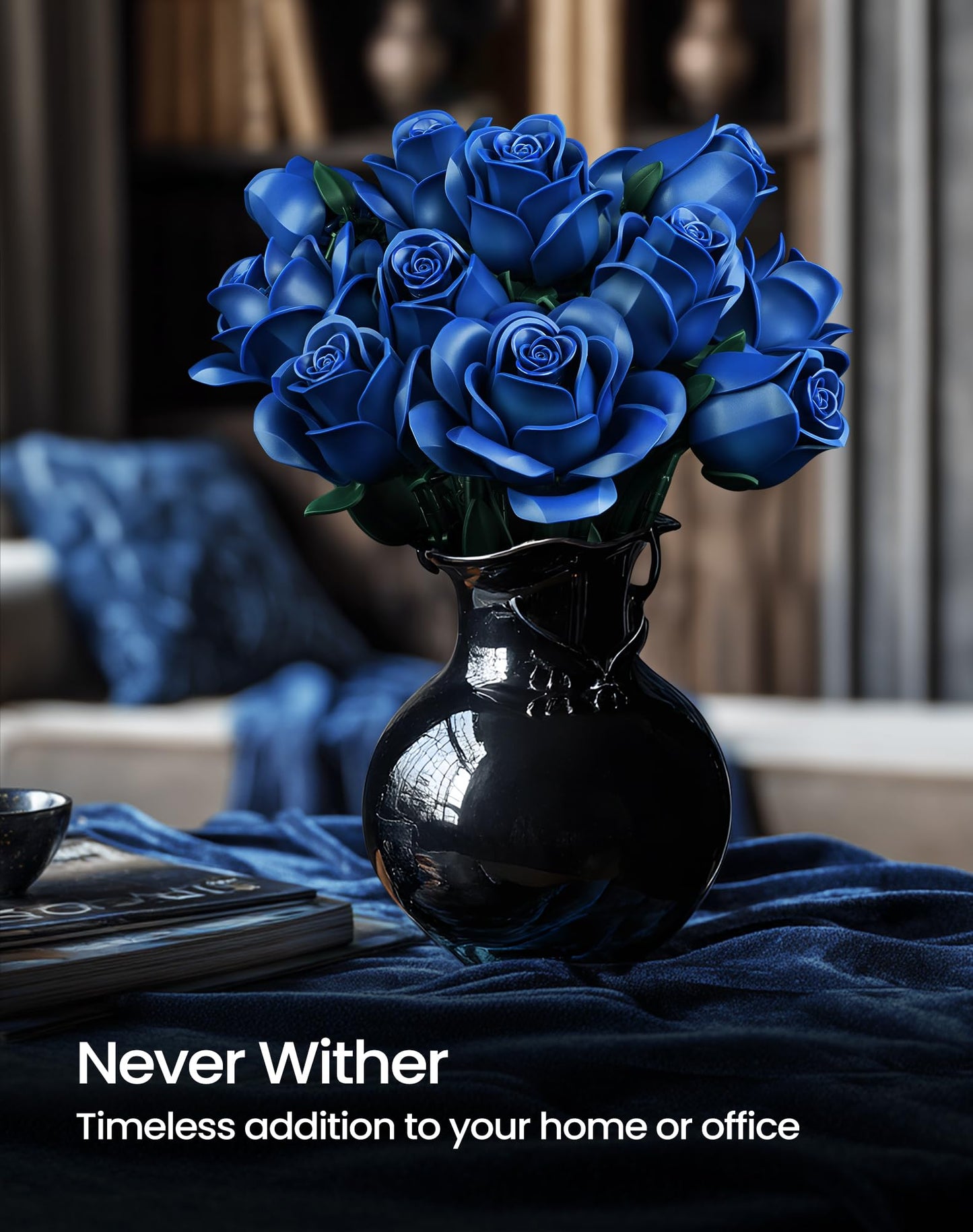 iATOM Blue Rose Bouquet Building Set – 12Pcs Navy Blue Roses for Adults, Elegant Centerpiece & Gift