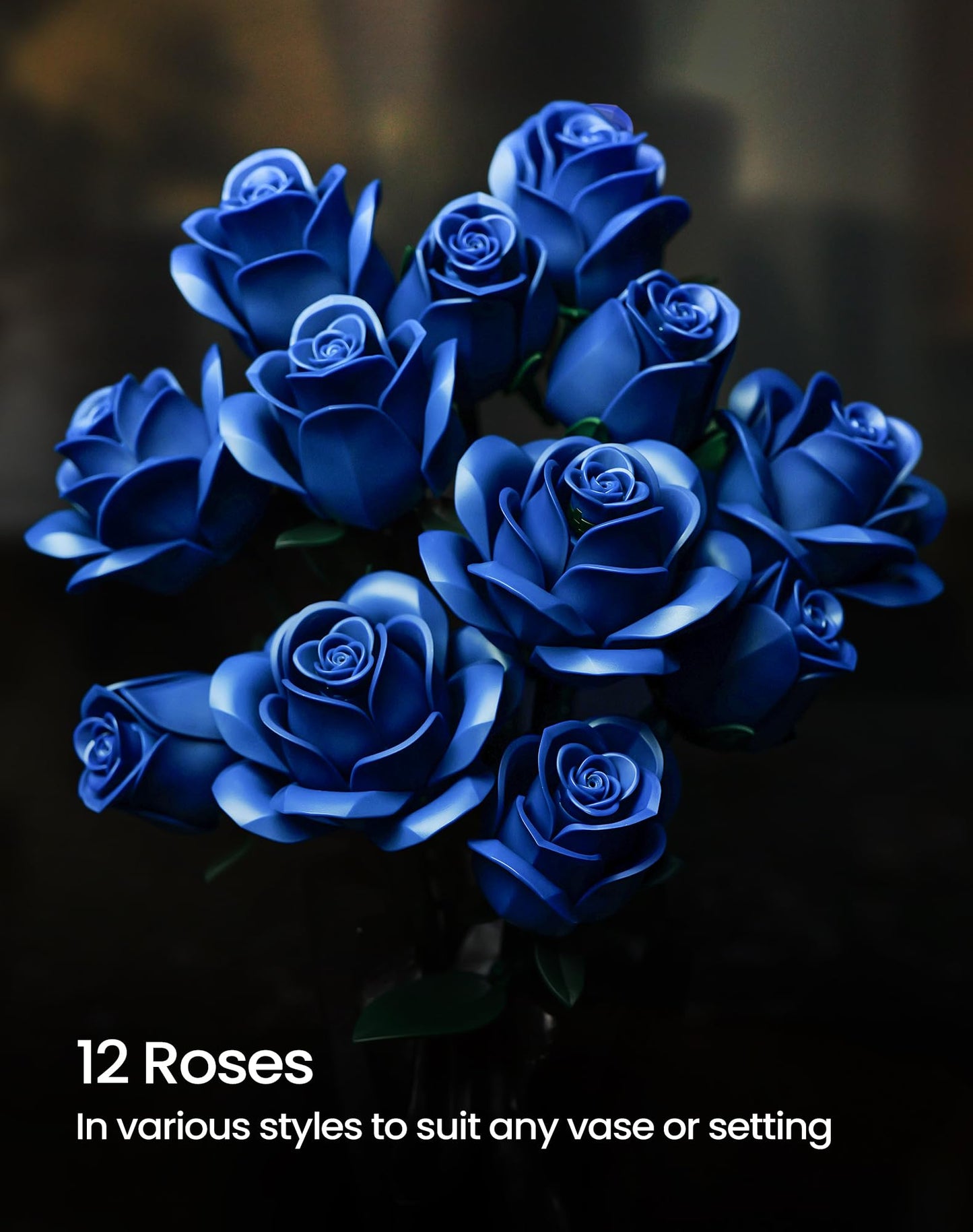iATOM Blue Rose Bouquet Building Set – 12Pcs Navy Blue Roses for Adults, Elegant Centerpiece & Gift