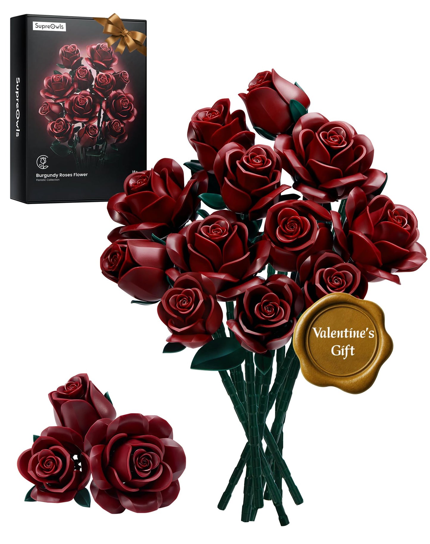 iATOM Burgundy Red Rose Bouquet Building Set – 12pc DIY Flower Kit for Adults