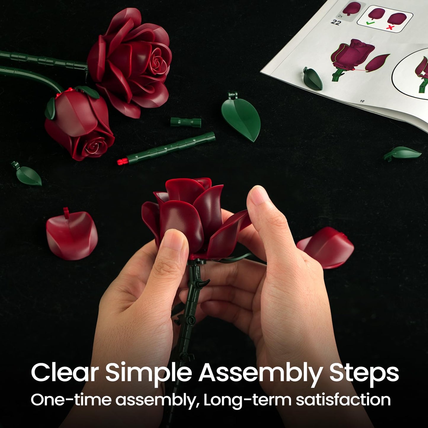 iATOM Burgundy Red Rose Bouquet Building Set – 12pc DIY Flower Kit for Adults