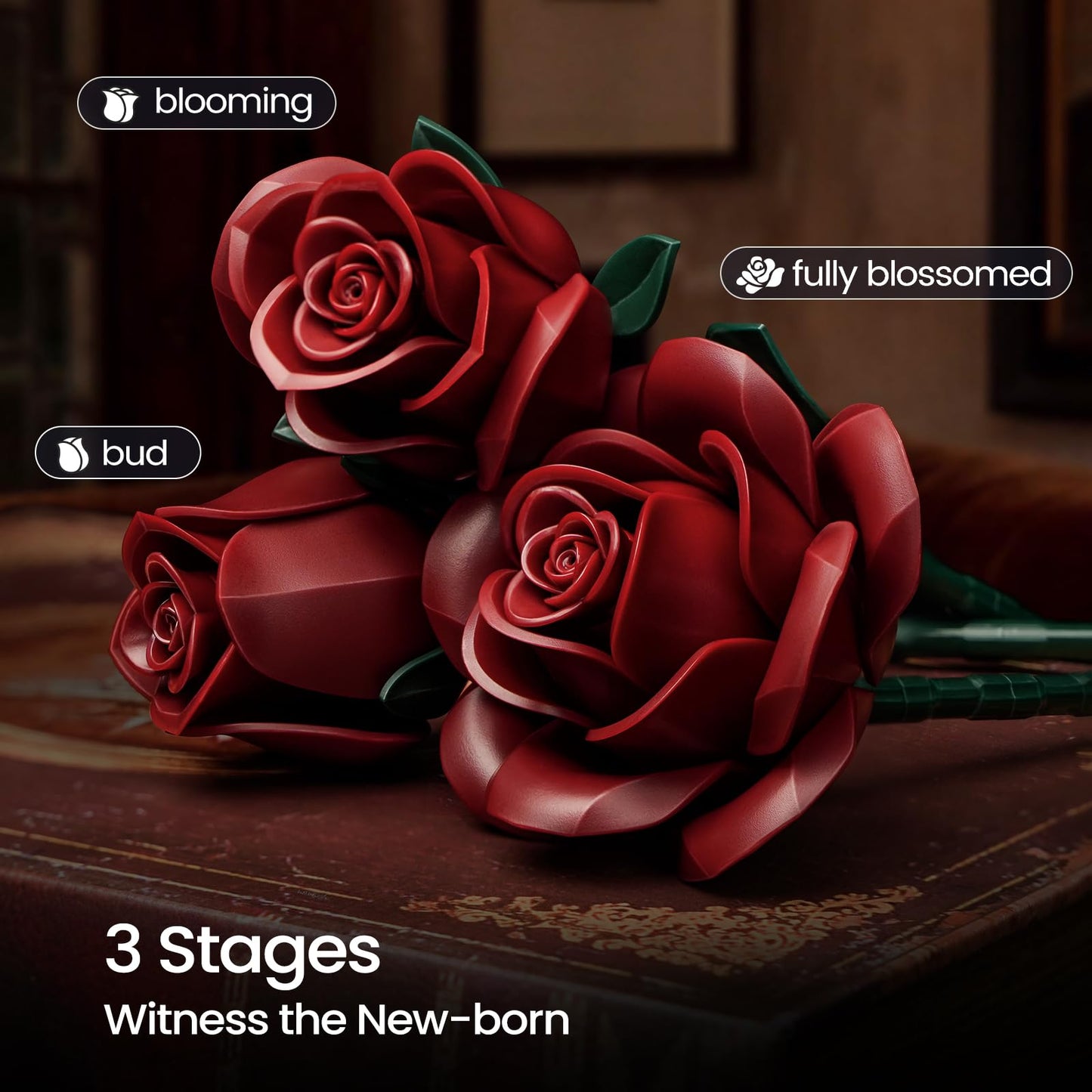 iATOM Burgundy Red Rose Bouquet Building Set – 12pc DIY Flower Kit for Adults