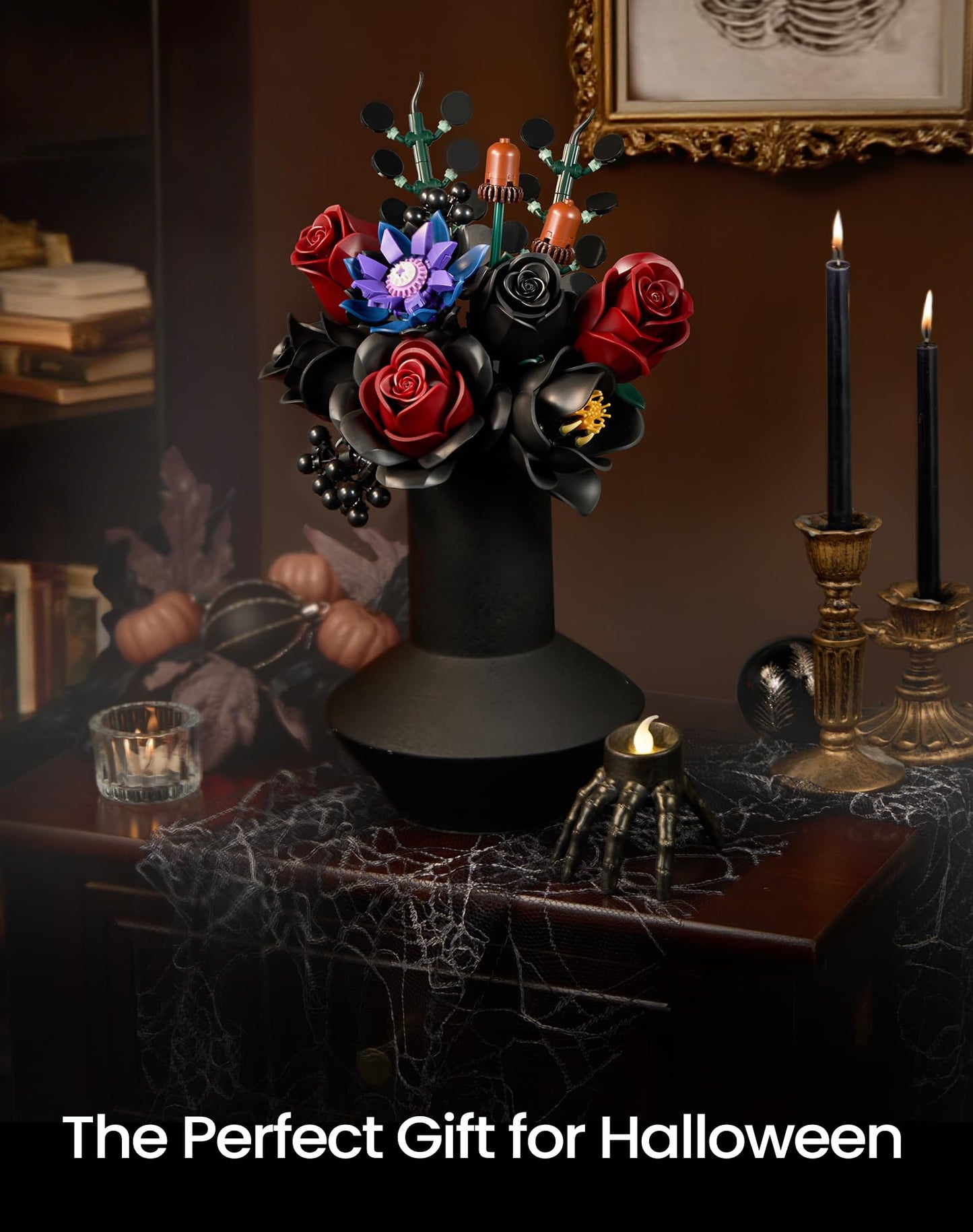 iATOM Black Burgundy Rose Bouquet Building Set – Gothic Floral Centerpiece Kit for Adults