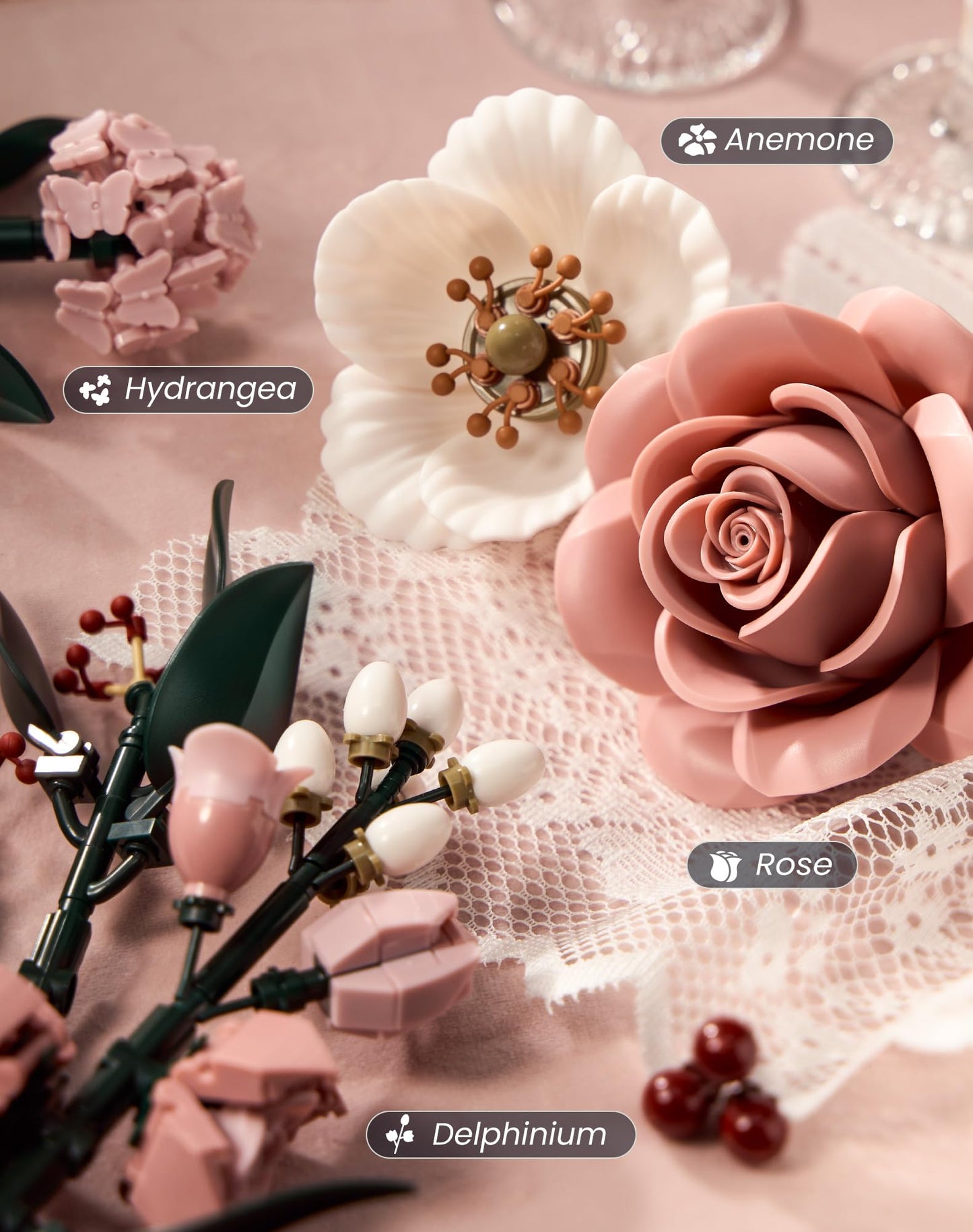 iATOM Pink Roses Bouquet Building Set IA11022 — Lifelike Artificial Flowers for Home & Office