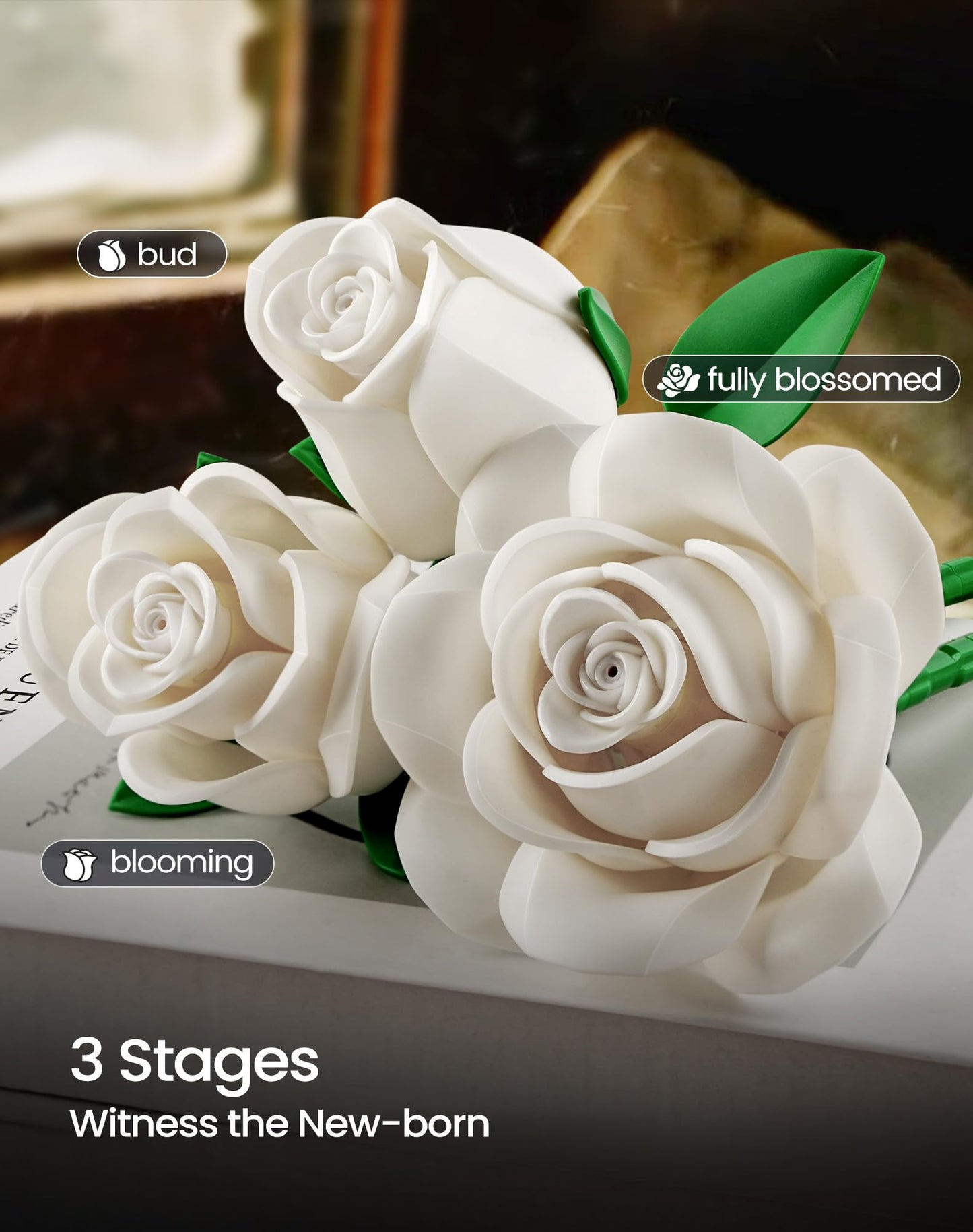 iATOM White Rose Bouquet Building Set – Realistic DIY Centerpiece