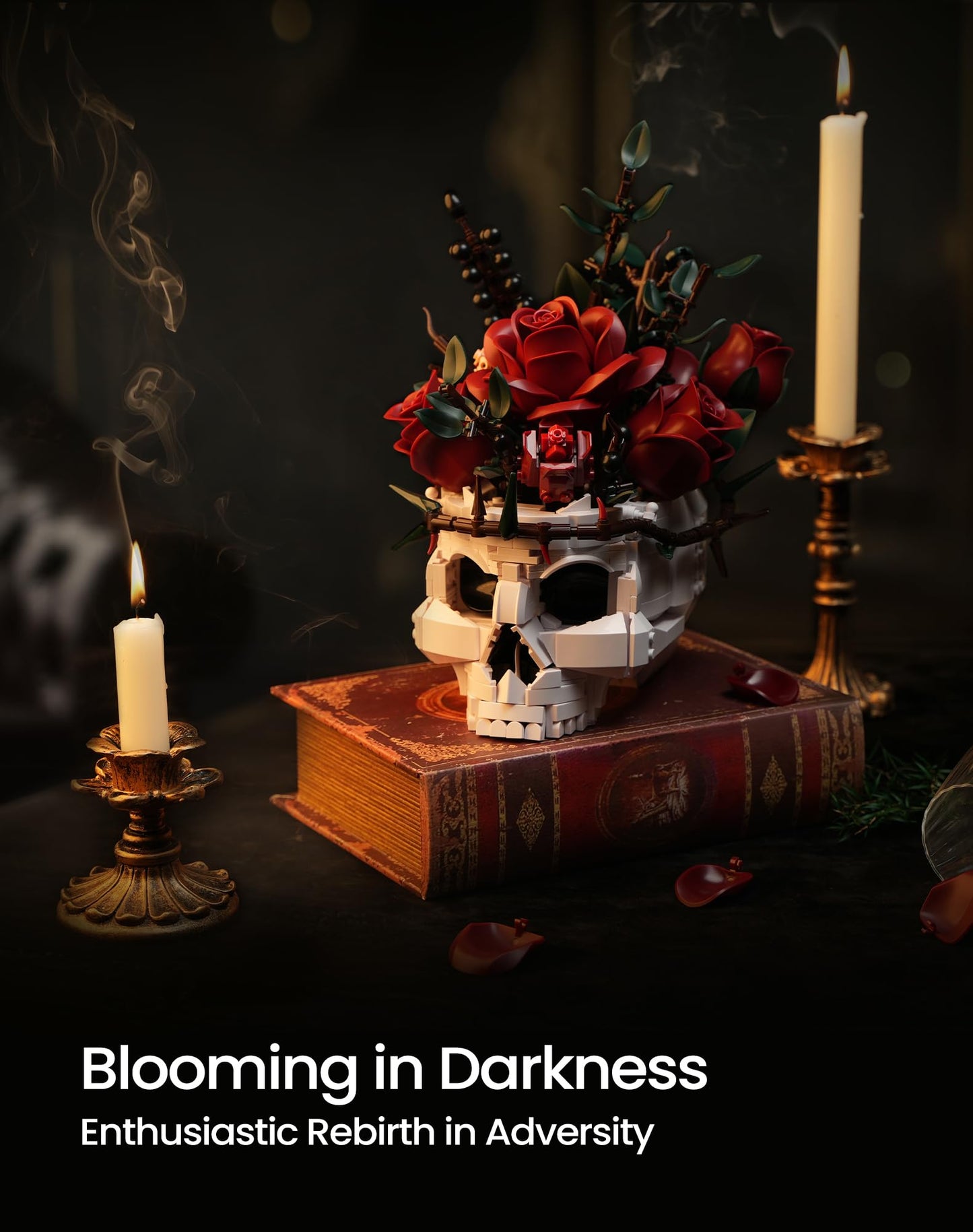iATOM Skull Roses Bouquet Building Set – Gothic Skeleton Planter Kit for Adults