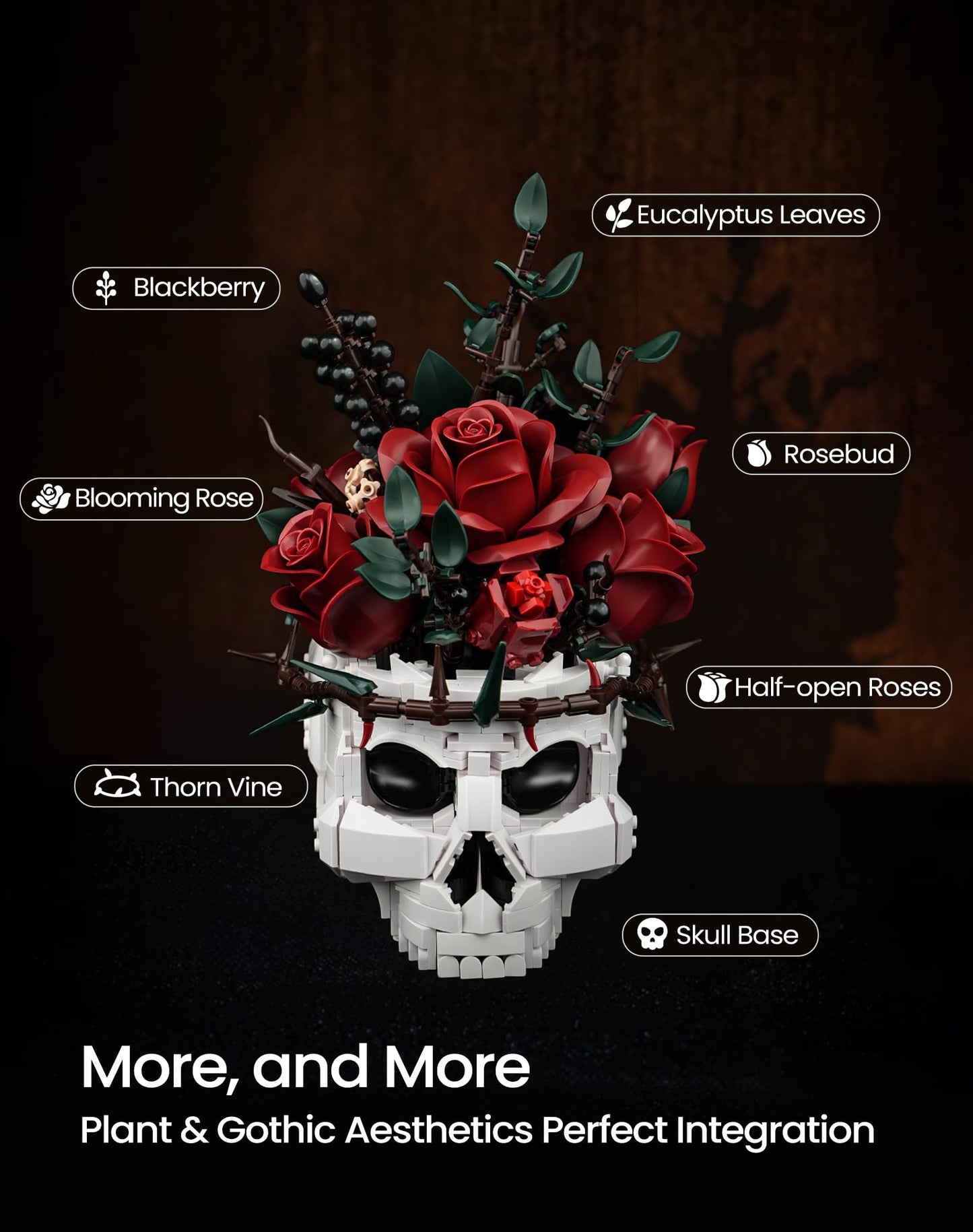 iATOM Skull Roses Bouquet Building Set – Gothic Skeleton Planter Kit for Adults