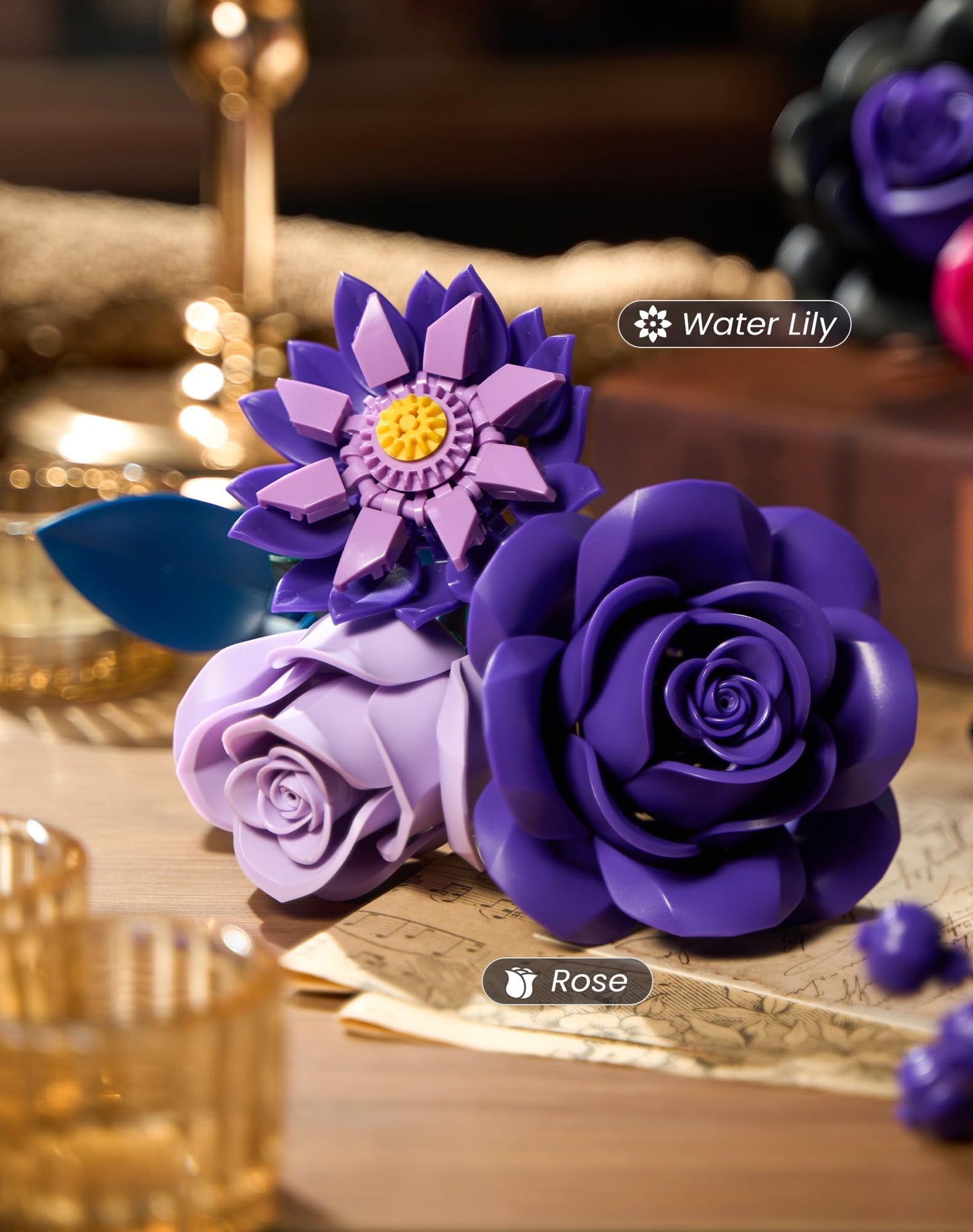 iATOM Flower Bouquet Building Set — Purple Roses Botanical Collection