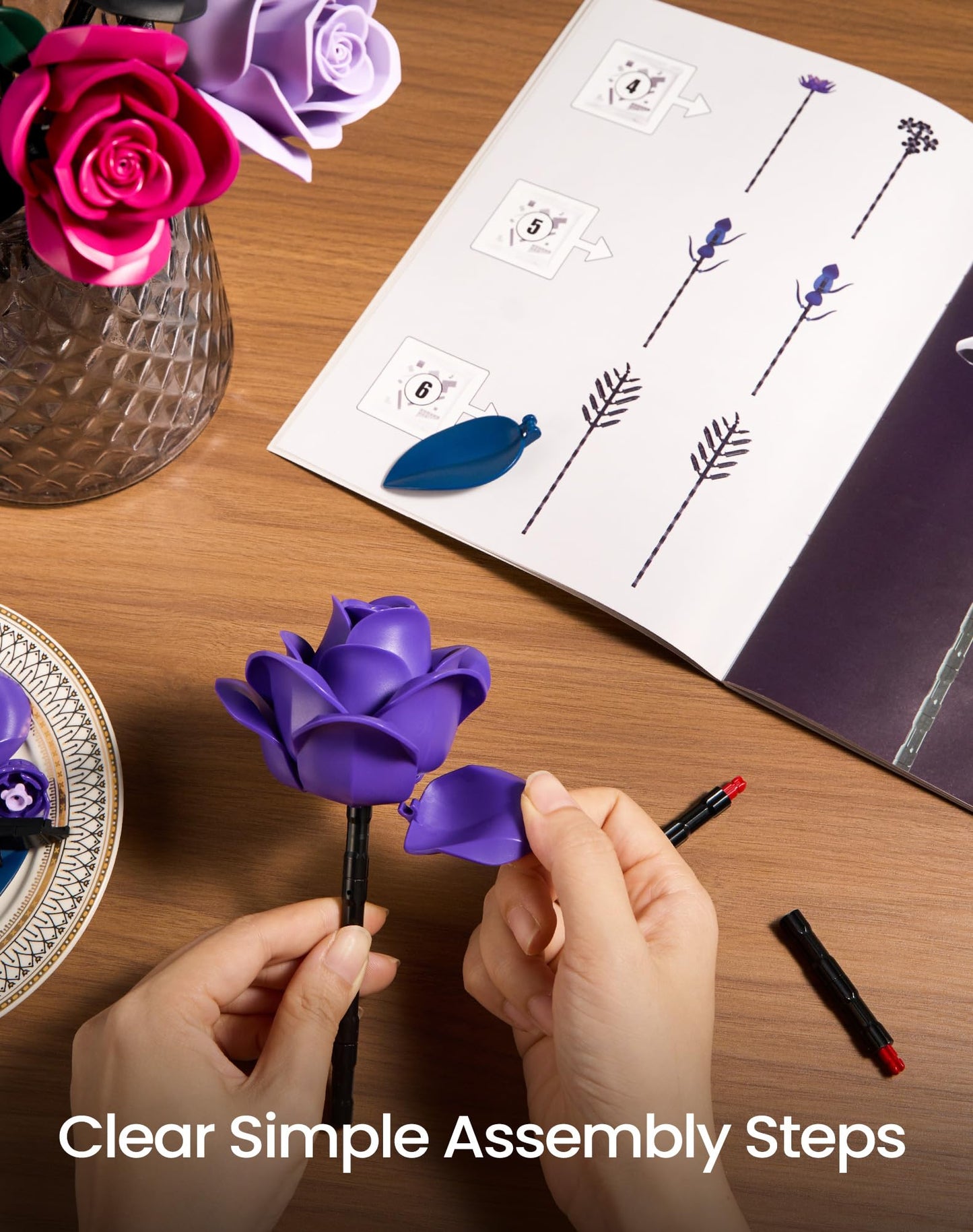 iATOM Flower Bouquet Building Set — Purple Roses Botanical Collection