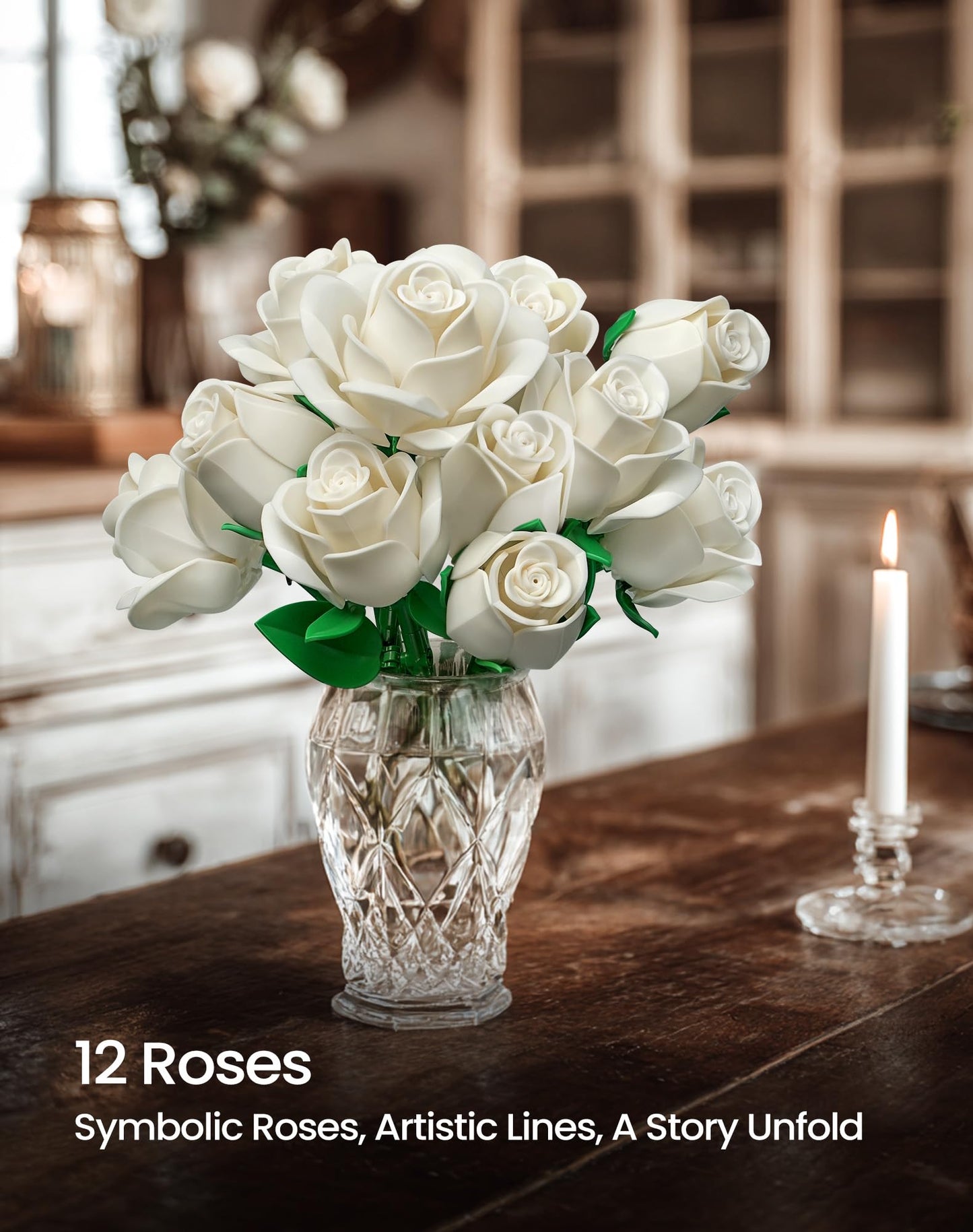 iATOM White Rose Bouquet Building Set – Realistic DIY Centerpiece