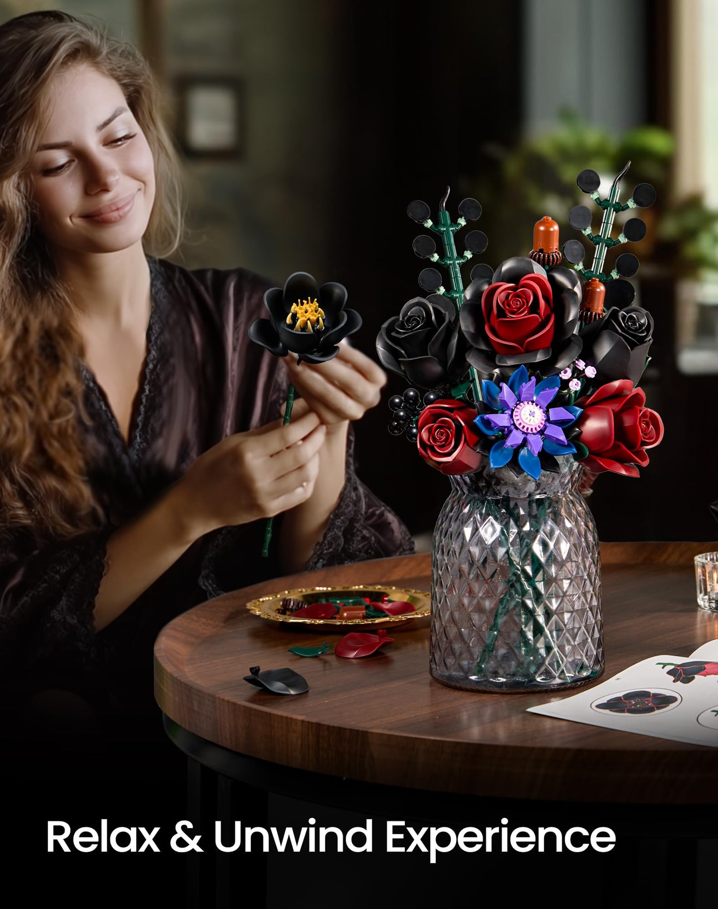 iATOM Black Burgundy Rose Bouquet Building Set – Gothic Floral Centerpiece Kit for Adults