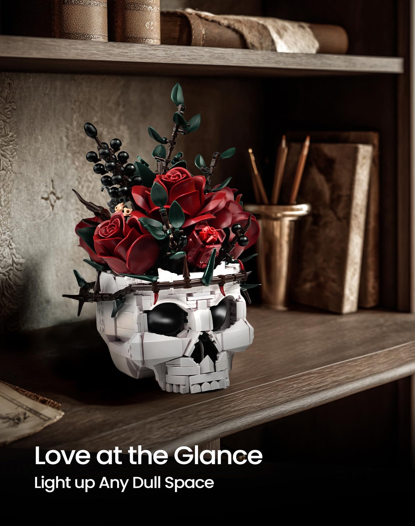iATOM Skull Roses Bouquet Building Set – Gothic Skeleton Planter Kit for Adults